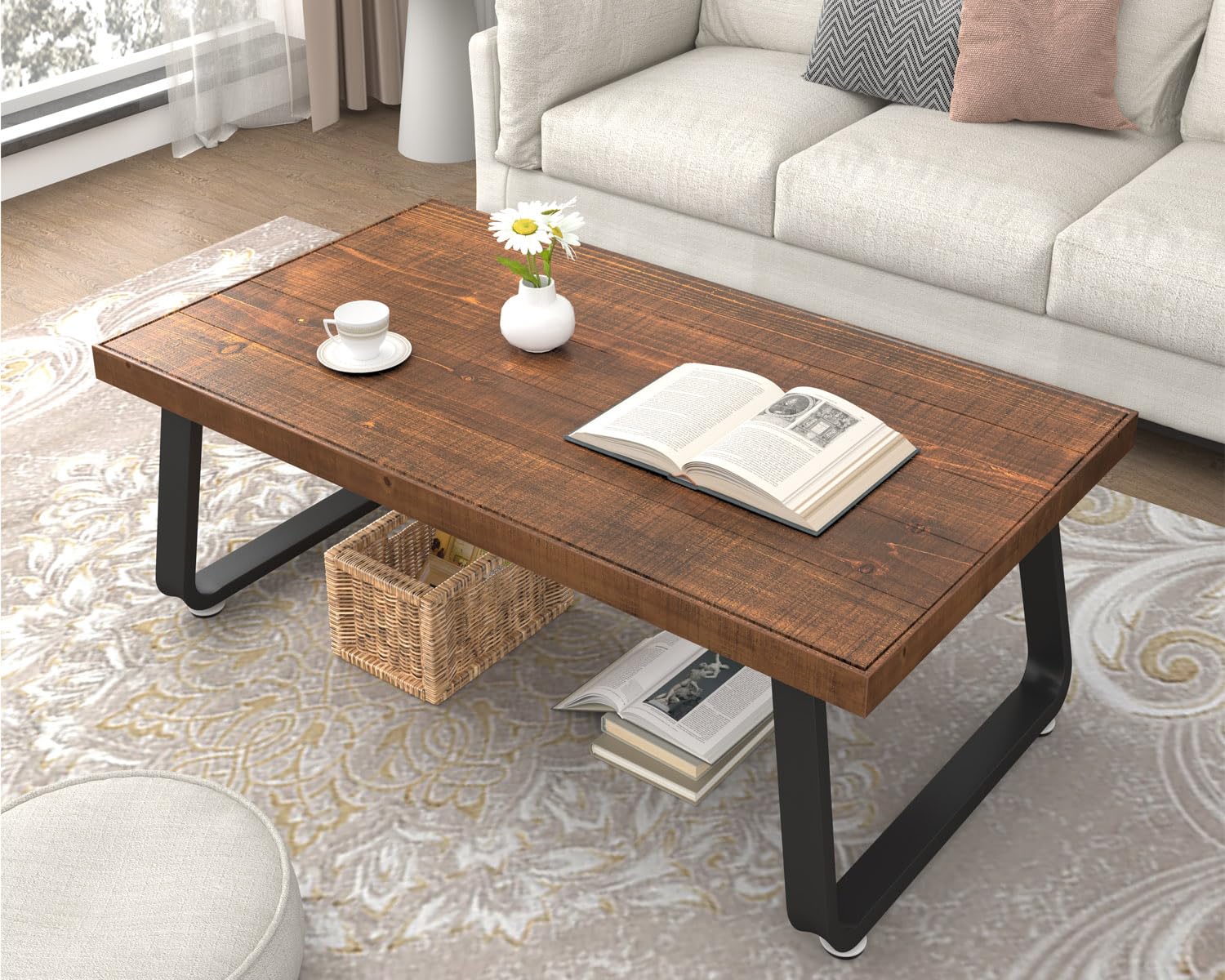 IBF 47 Inch Rustic Brown Solid Wood Coffee Table - Modern Industrial Minimalist Design with Metal Frame, Rectangle Living Room Center Table for Cocktail & Tea - Perfect for Farmhouse, Loft & Apartment Decor