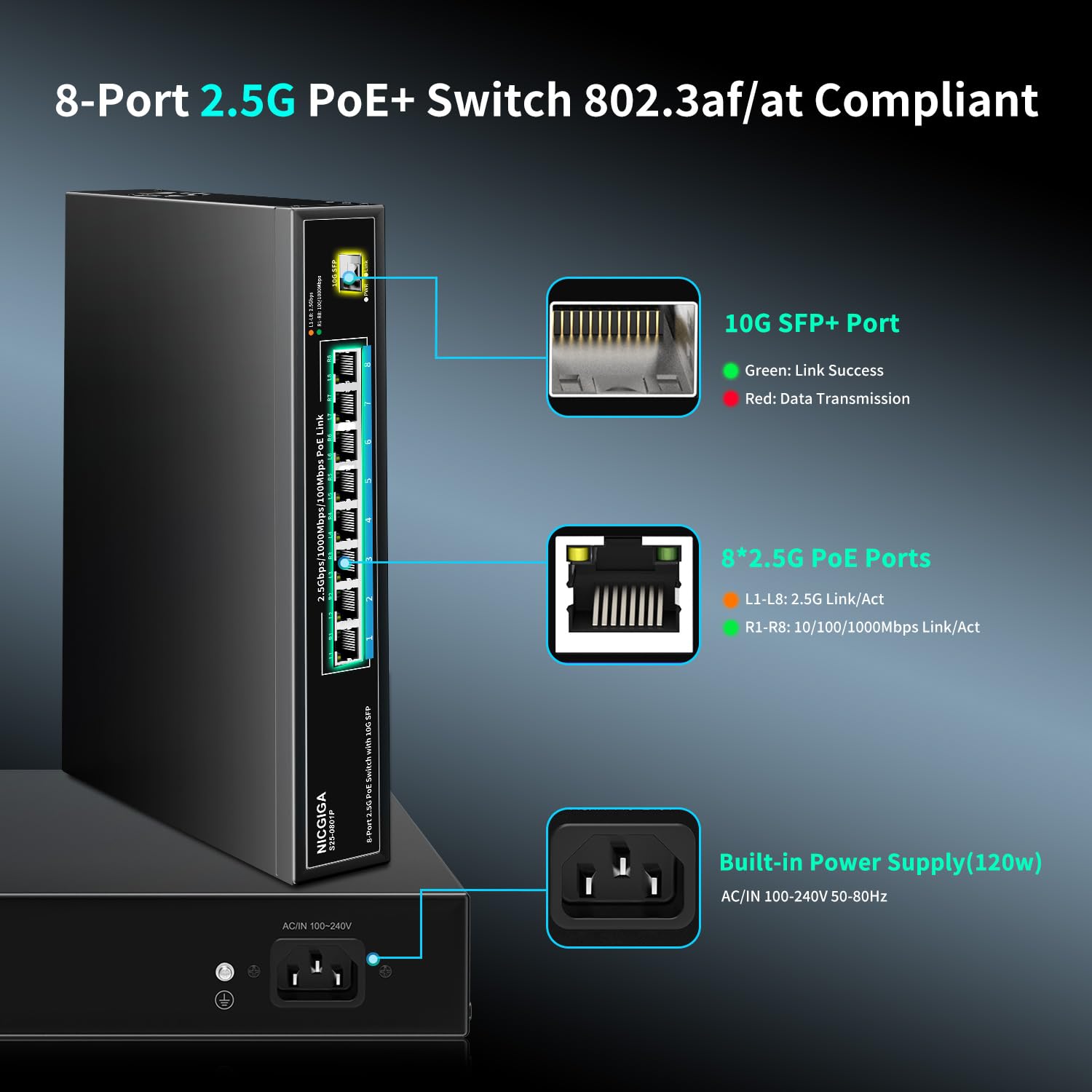 8 Port 2.5G PoE Switch Unmanaged - 8 x 2.5GbE PoE+ @120W with 10G SFP Uplink - IEEE 802.3af/at Compliant - Ideal for WiFi6 Access Points, NAS Storage, 4K PoE Security Cameras & NVR Systems - Perfect for Home Office & Business Network Setup