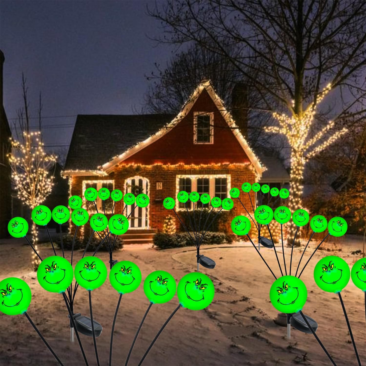 Upgraded 2-Pack Solar Grinch Christmas Decorations - 12 LED Swaying Firefly Lights for Outdoor Pathway, Garden, Patio & Yard - Waterproof Solar-Powered Grinchmas Decor for Holiday Lighting (Perfect for Christmas Party, Front Yard Display & Festive Nighttime Ambiance)