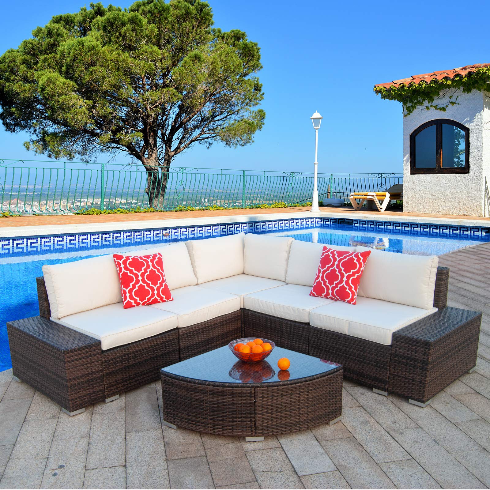 6-Piece Polar Aurora PE Rattan Patio Furniture Set - Brown Wicker Sectional Outdoor Sofa with Washable Cushions & Modern Glass Table for Backyard, Poolside, Garden - Perfect for Relaxing & Entertaining Outdoors