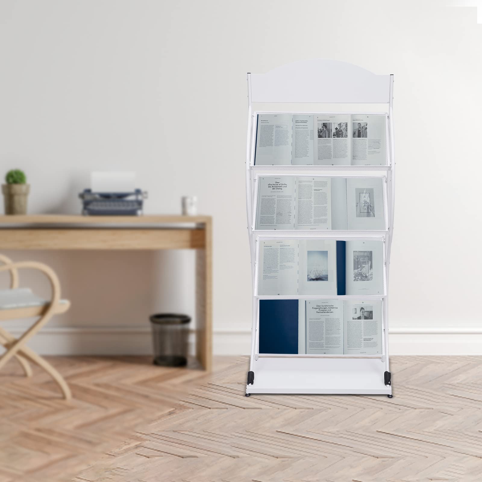 4-Tier Floor Standing Magazine Rack - Large Capacity Newspaper Holder for Books, Periodicals & Mail - White - Perfect for Living Room, Office & Library Organization