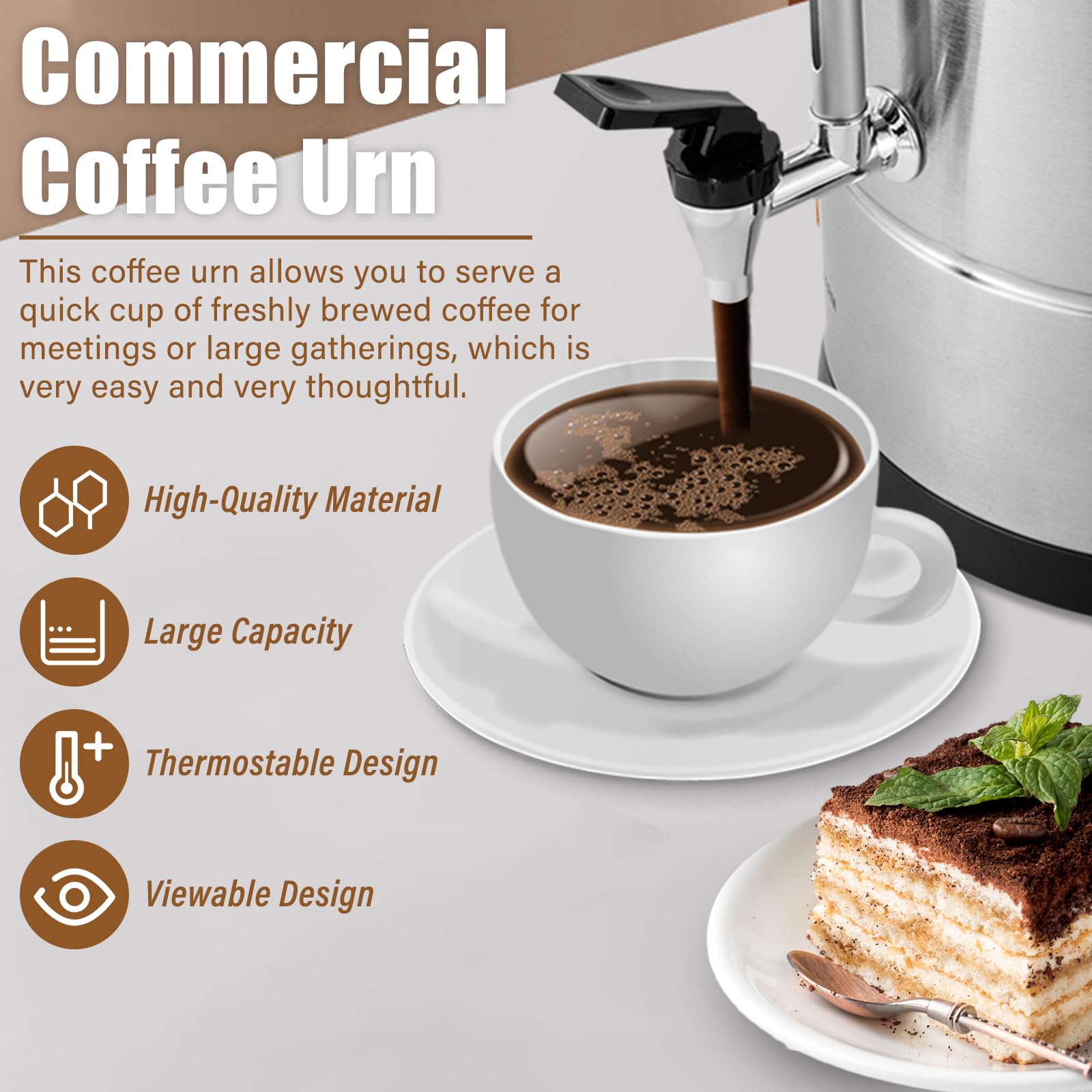 Commercial Coffee Urn 110V 1400W Stainless Steel Electric Coffee Maker - Adjustable Temperature 86-230°F for Hot Coffee, Tea & Cocoa - Perfect for Home, Office, Cafes & Catering Events