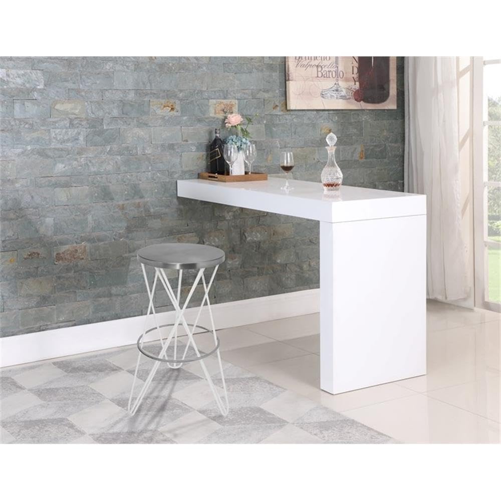 Modern Iron Bar Stool - Brushed Silver Finish & White Powder Coating | Meridian Furniture 948White Mercury Collection | Perfect for Kitchen Islands, Breakfast Bars & Contemporary Dining Areas