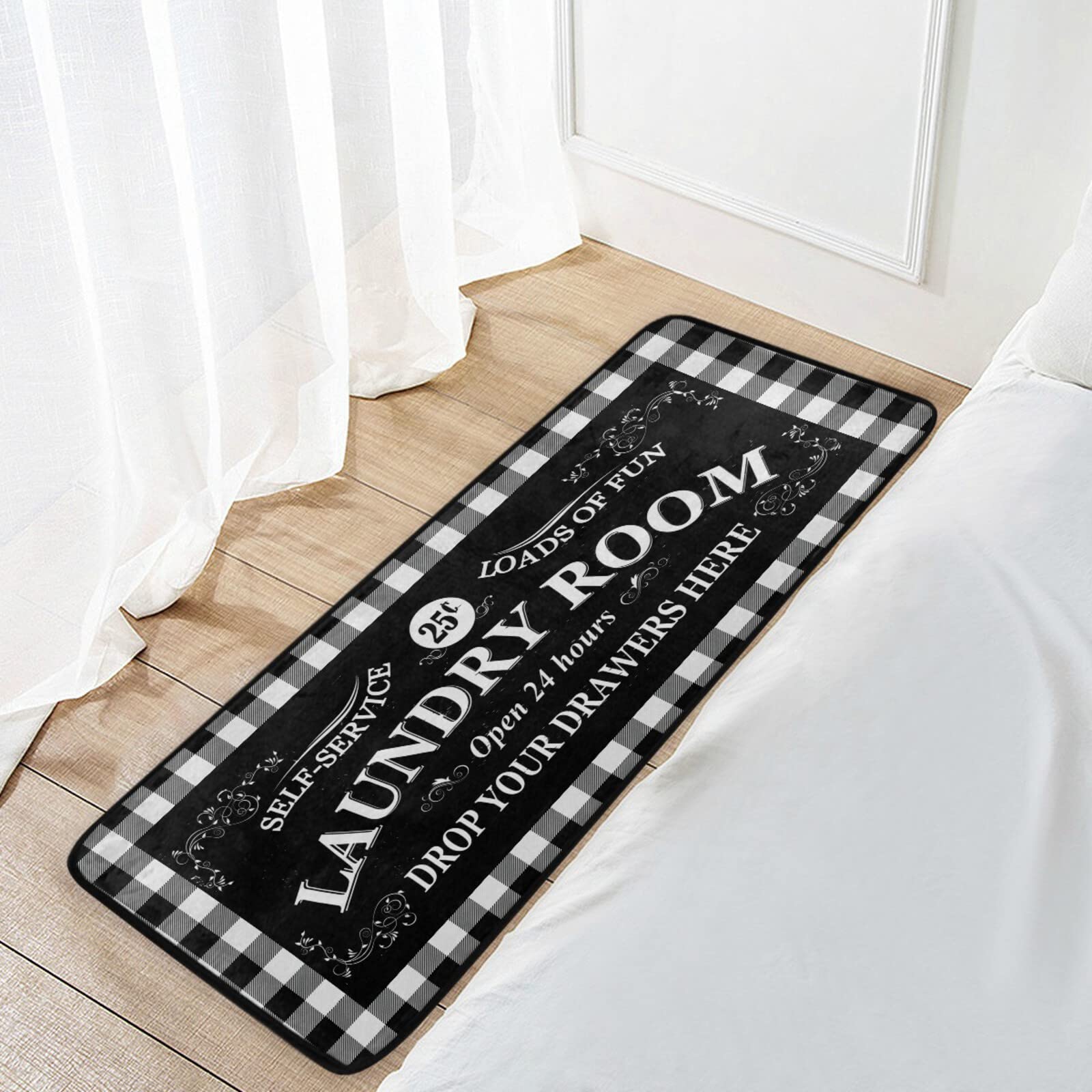 Non-Slip White Buffalo Plaid Kitchen Rugs - 39x20 Inch Cushioned Floor Mats for Laundry Room, Sink Area & Home Office - Washable Anti-Fatigue Mats for Standing Comfort & Stylish Decor