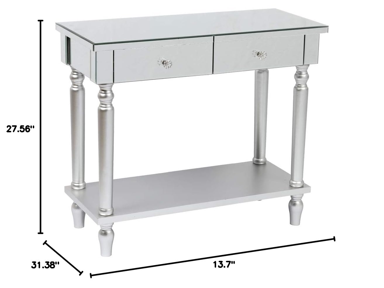 2 Tier Premium Mirrored Console Table with 2 Drawers - Silver Entryway Table for Hallway, Living Room & Bedroom Decor