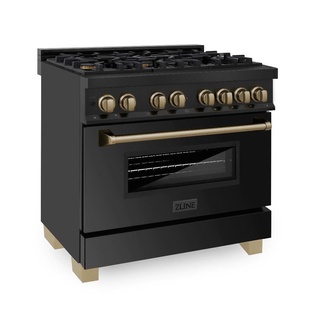 ZLINE Autograph Edition 36-inch Black Stainless Steel Dual Fuel Range & Range Hood with Champagne Bronze Accents - Professional Kitchen Package (2AKP RABRH36 CB) | Perfect for Gourmet Cooking & Modern Home Kitchens