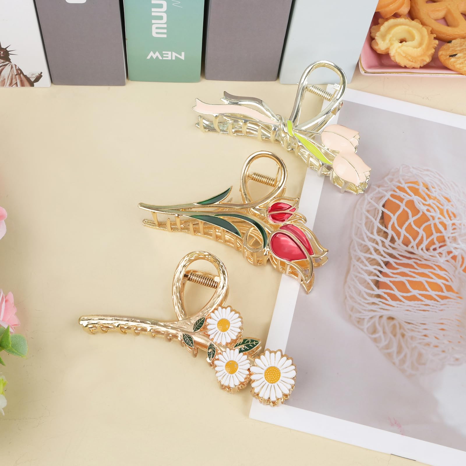 3-Piece Flower Metal Hair Clips Set - Colorful Tulip Hair Claws for Thin to Medium Thick Hair - Elegant Daisy Floral Barrettes with Strong Hold & Non-Slip Grip - Perfect for Weddings, Parties & Everyday Styling