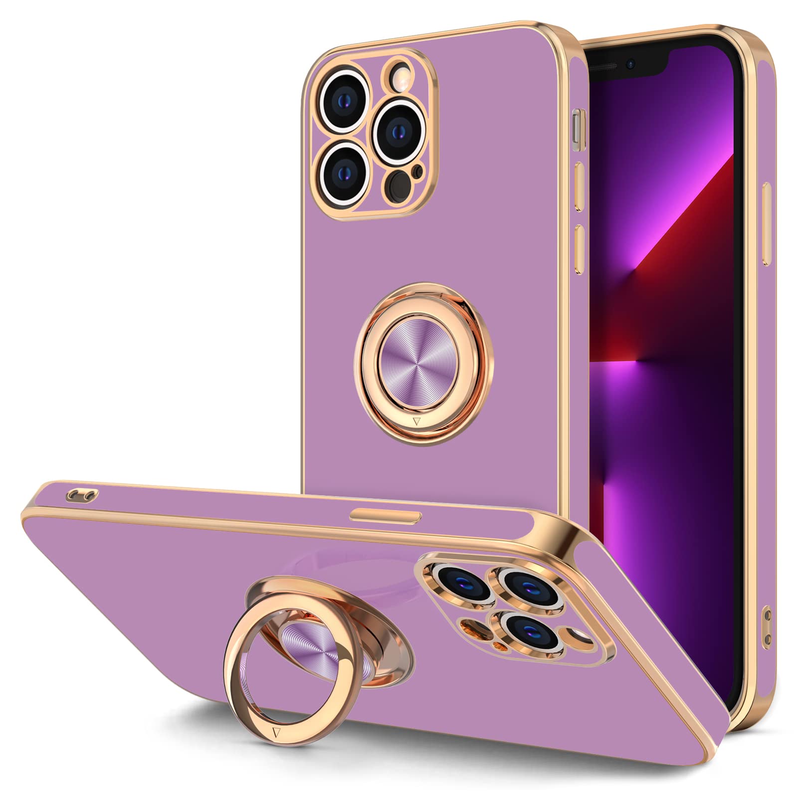 360° Rotatable Magnetic Ring Stand Case for iPhone 13 Pro Max - Rose Gold Plated Edge, Slim Soft TPU Protective Cover (Purple) | Perfect for Hands-Free Viewing, Secure Grip & Everyday Protection