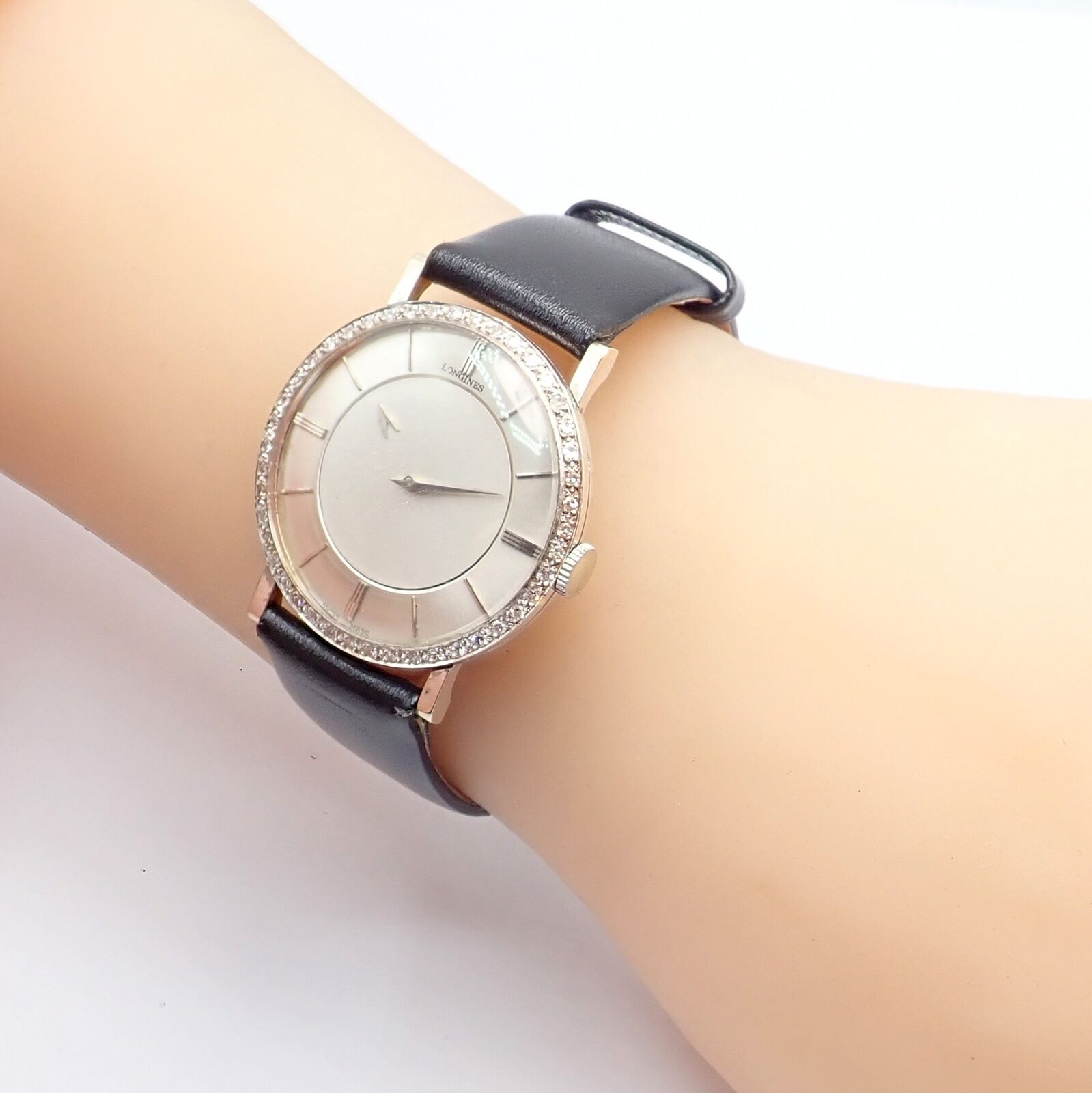 Vintage Longines 18k White Gold Diamond Bezel Manual Wind Mystery Dial Watch - Luxury Classic Timepiece for Formal Events & Special Occasions