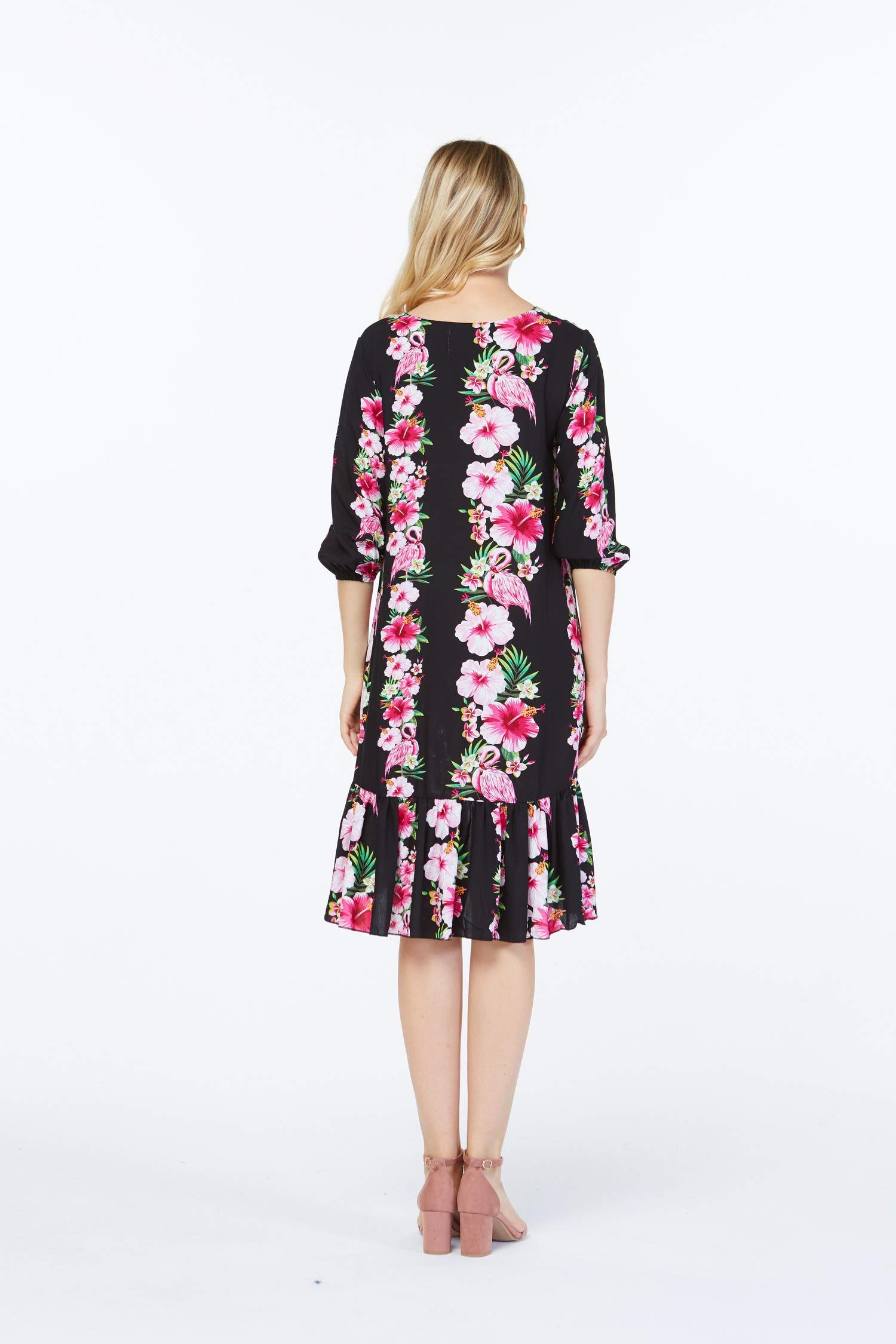 Women's Hawaiian 3/4 Sleeve Mermaid Ruffle Tunic Dress - Pink Hibiscus Print Floral Beach Dress for Summer Vacation & Tropical Party Wear
