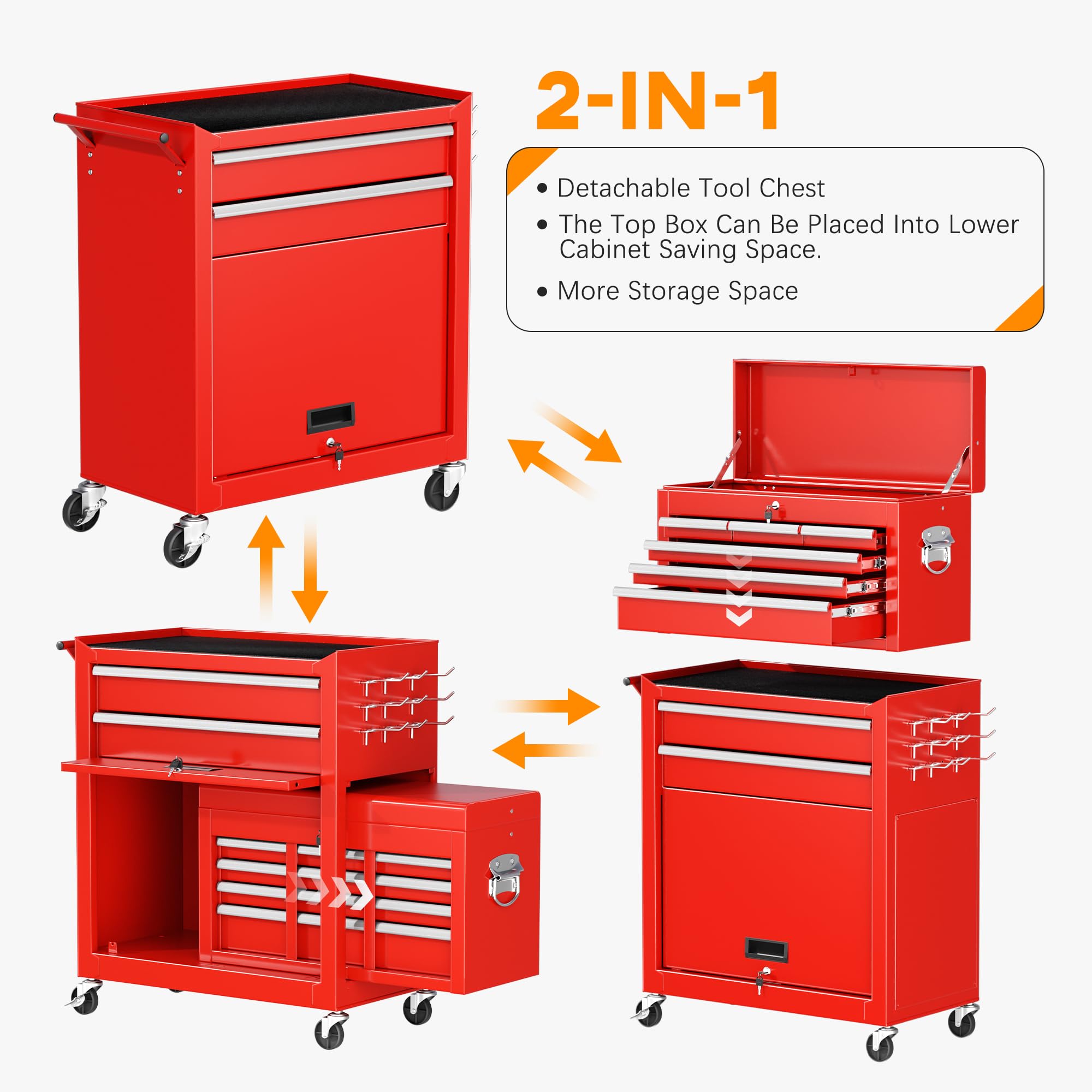 INTERGREAT 8-Drawer Rolling Tool Chest with Wheels - Heavy Duty Steel Tool Cabinet Organizer Combo for Garage, Workshop & DIY Projects | High Capacity 2-in-1 Detachable Tool Storage (Red)