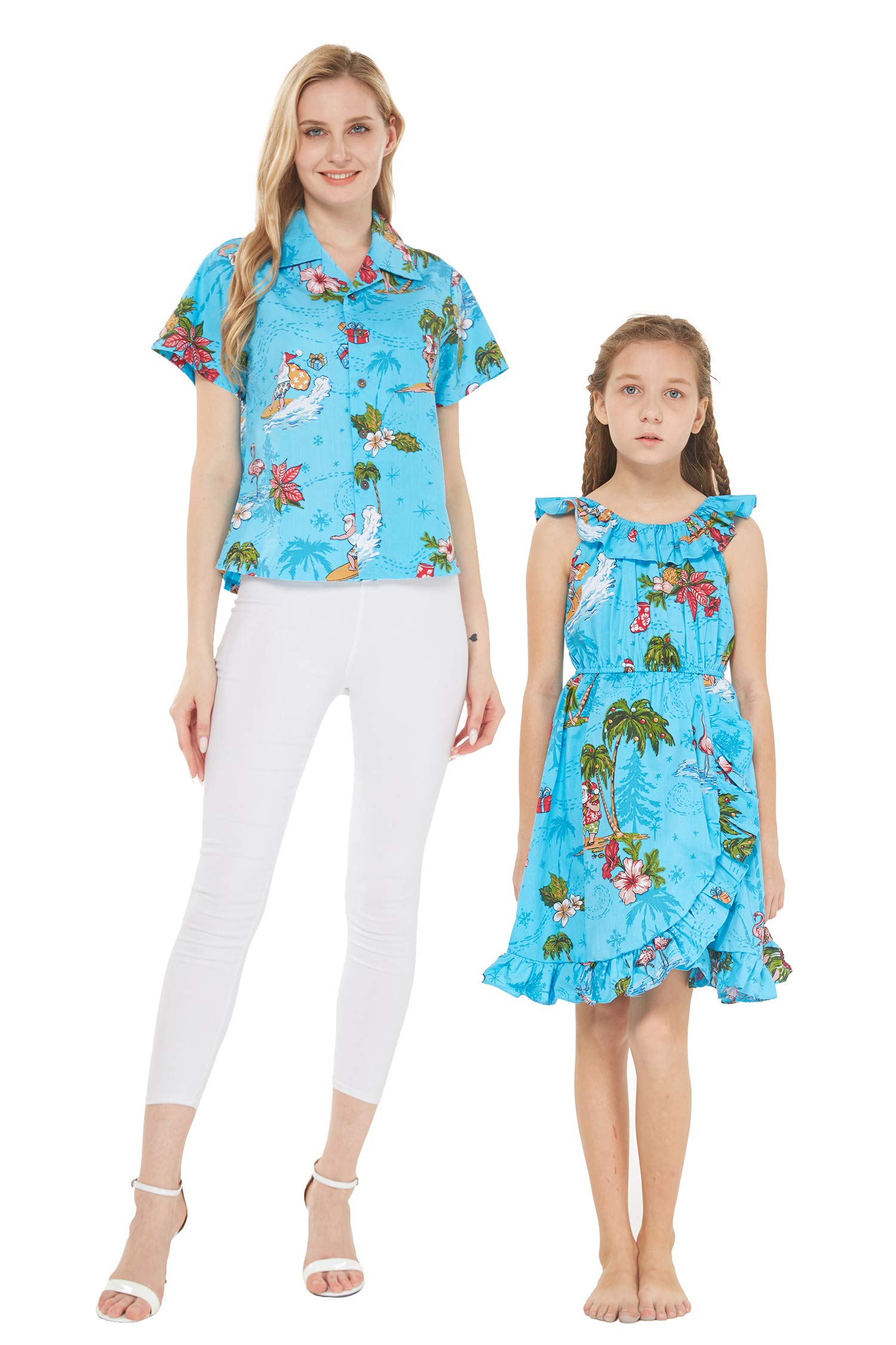 Stylish Matching Mother Daughter Aloha Shirt & Wrap Dress - Hawaiian Christmas Santa Print in Vibrant Red | Perfect for Family Vacations, Holiday Photos & Tropical Themed Parties