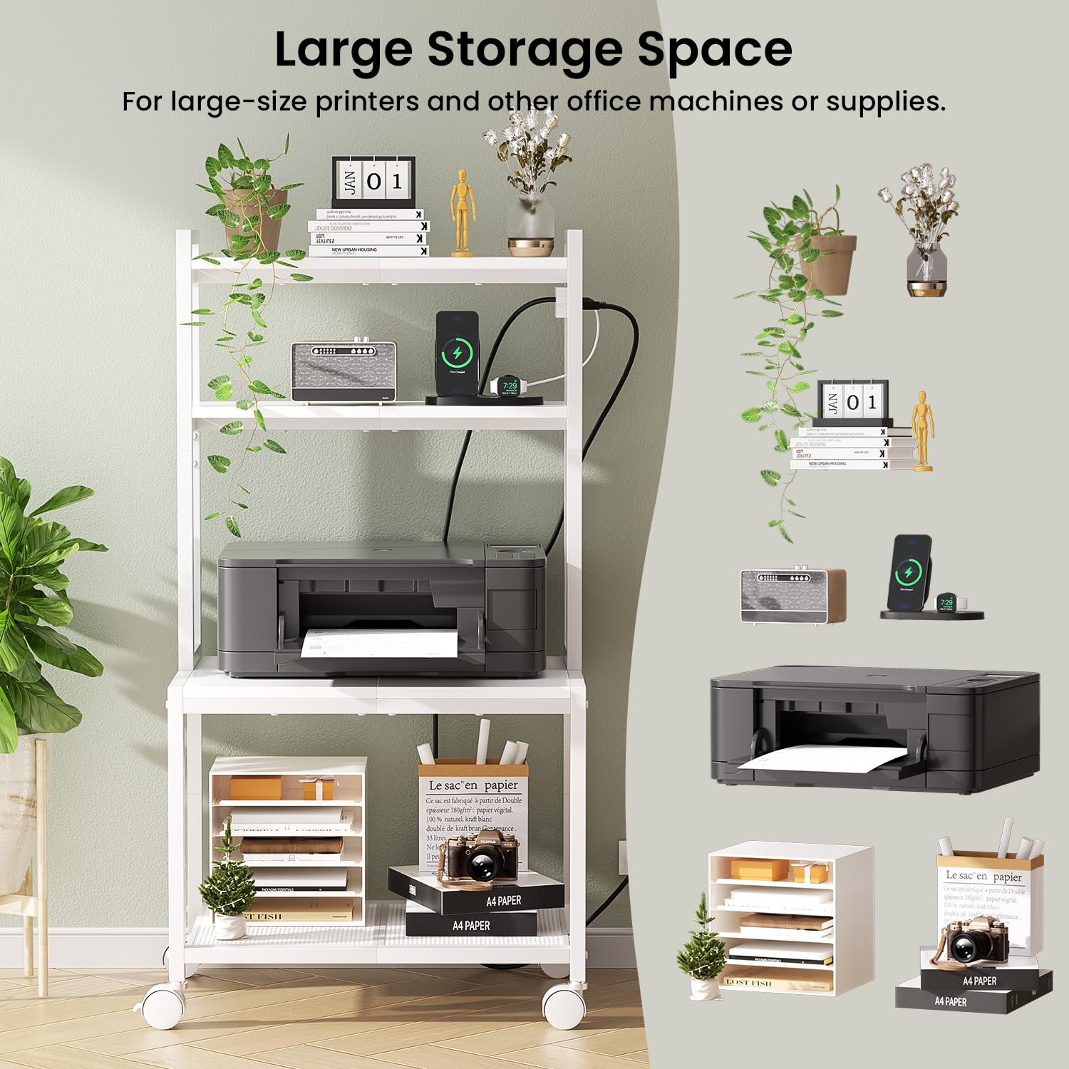 4-Tier Printer Stand with Charging Station & Storage - Mobile Printer Cart with Wheels for Home Office, Kitchen, Living Room - Perfect for Printer, Scanner Organization (White)
