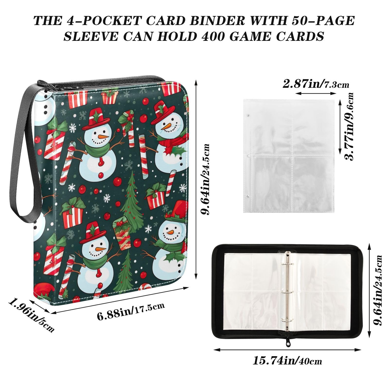 Christmas Winter Tree Snowmen 4-Pocket Trading Card Binder - Holds 400 Cards with 50 Sleeves, Zippered Storage Album for Football Cards | Perfect for Collectors, Gift-Giving & Card Trading Events