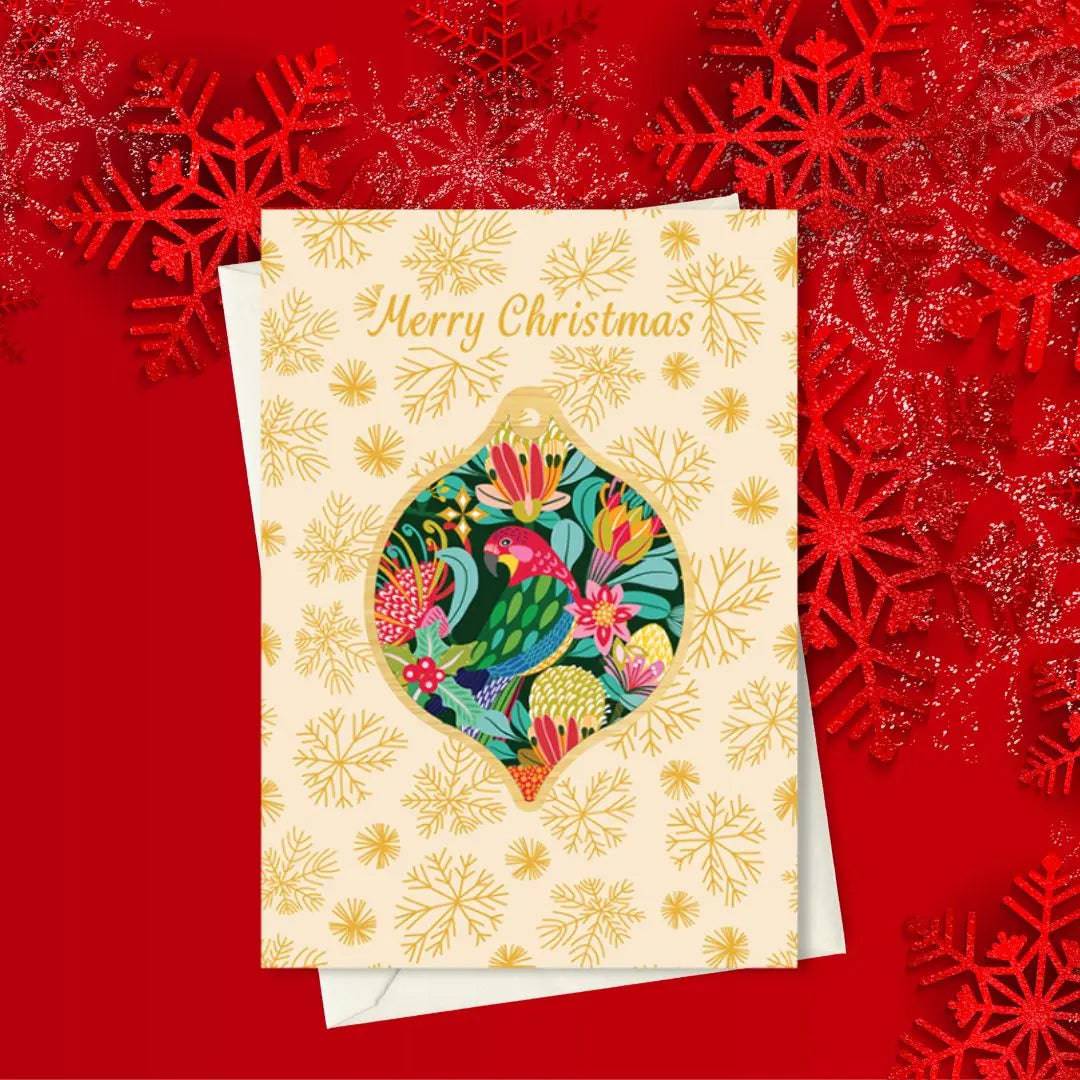 Australian Christmas Card & Rosella Bauble - Handmade Holiday Greeting Cards with Native Bird Ornaments for Christmas Tree Decorations & Festive Gifting