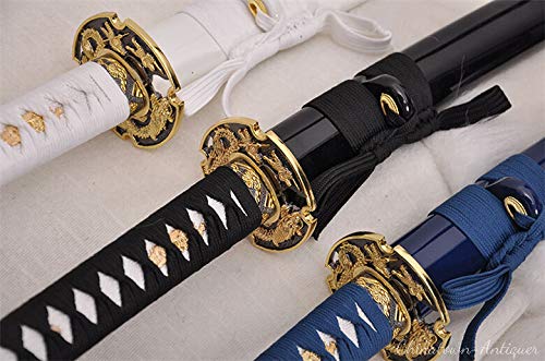 Authentic Handmade Japanese Katana Samurai Sword Set - 3 Piece Hand-Forged Carbon Steel Blades - Perfect for Martial Arts Training, Cosplay & Collectors Display #2549