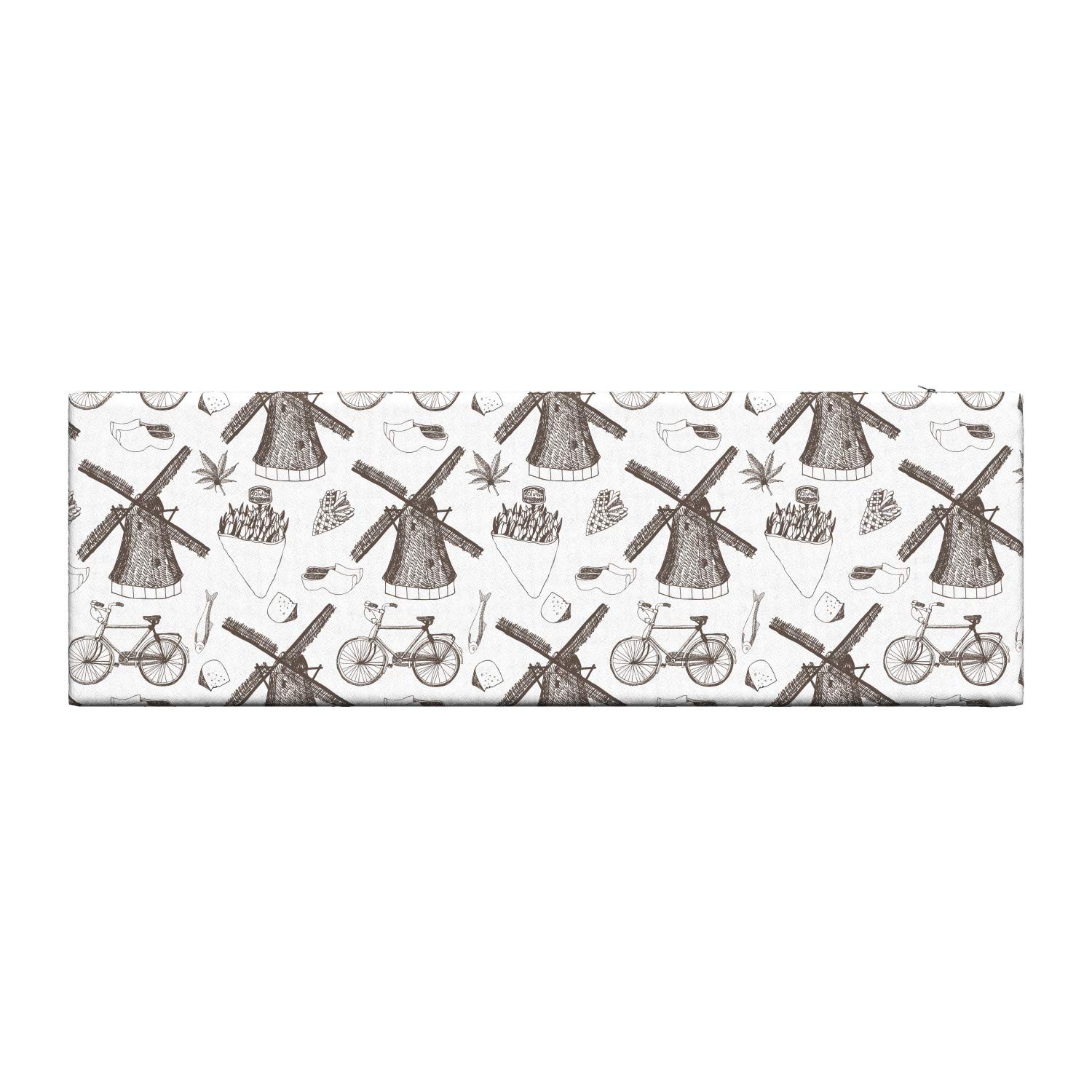 Ambesonne Dutch Bench Cushion - Traditional Netherlands Windmill & Tulip Design, Hand-Drawn Artwork, 45x15x2 Inch HR Foam Seat Pad with Decorative Fabric Cover (Brown/White) - Perfect for Porch, Patio, Garden Bench or Window Seat Decor