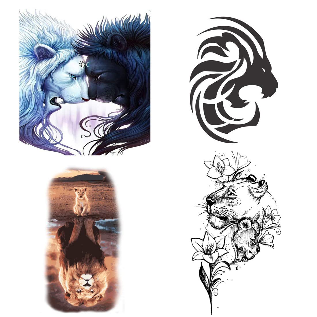 Lion Tribal Black Art Temporary Tattoo Stickers - Pack of 4 Waterproof Fake Tattoos for Men & Women (2x4 Inch) - Perfect for Parties, Festivals & Body Art