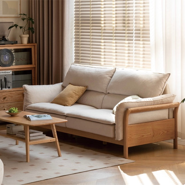 Premium Oak Solid Wood White Goose Down Cotton Sofa - Luxurious Comfort for Living Room, Lounge & Home Decor