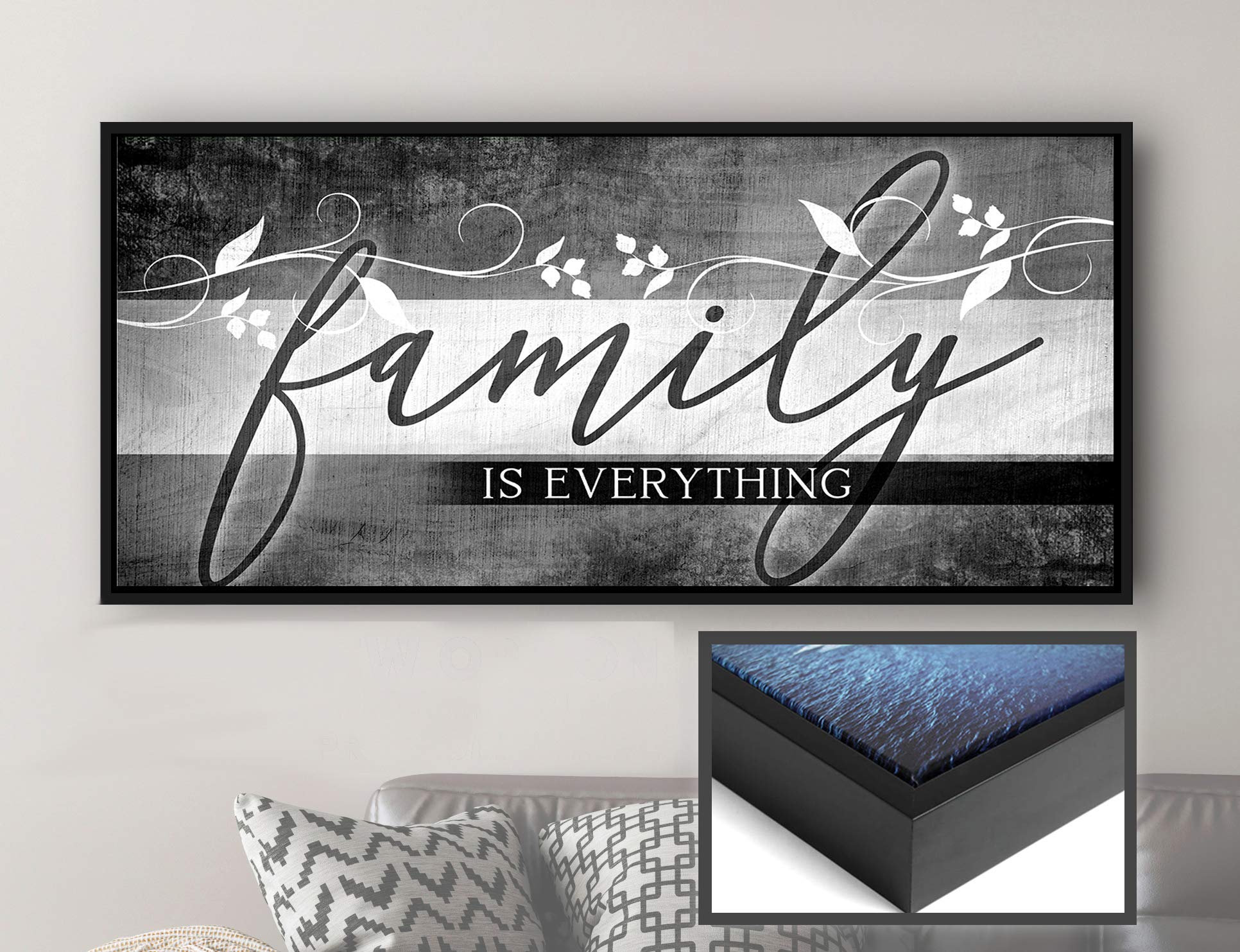 Family Is Everything Sign - Framed Wall Art with Floating Frame, Large Canvas Home Decor for Farmhouse, Living Room, Housewarming Gift (Grey & Black, 42x19 Inches) | Perfect for Family Rooms, Entryways & Cozy Home Decor