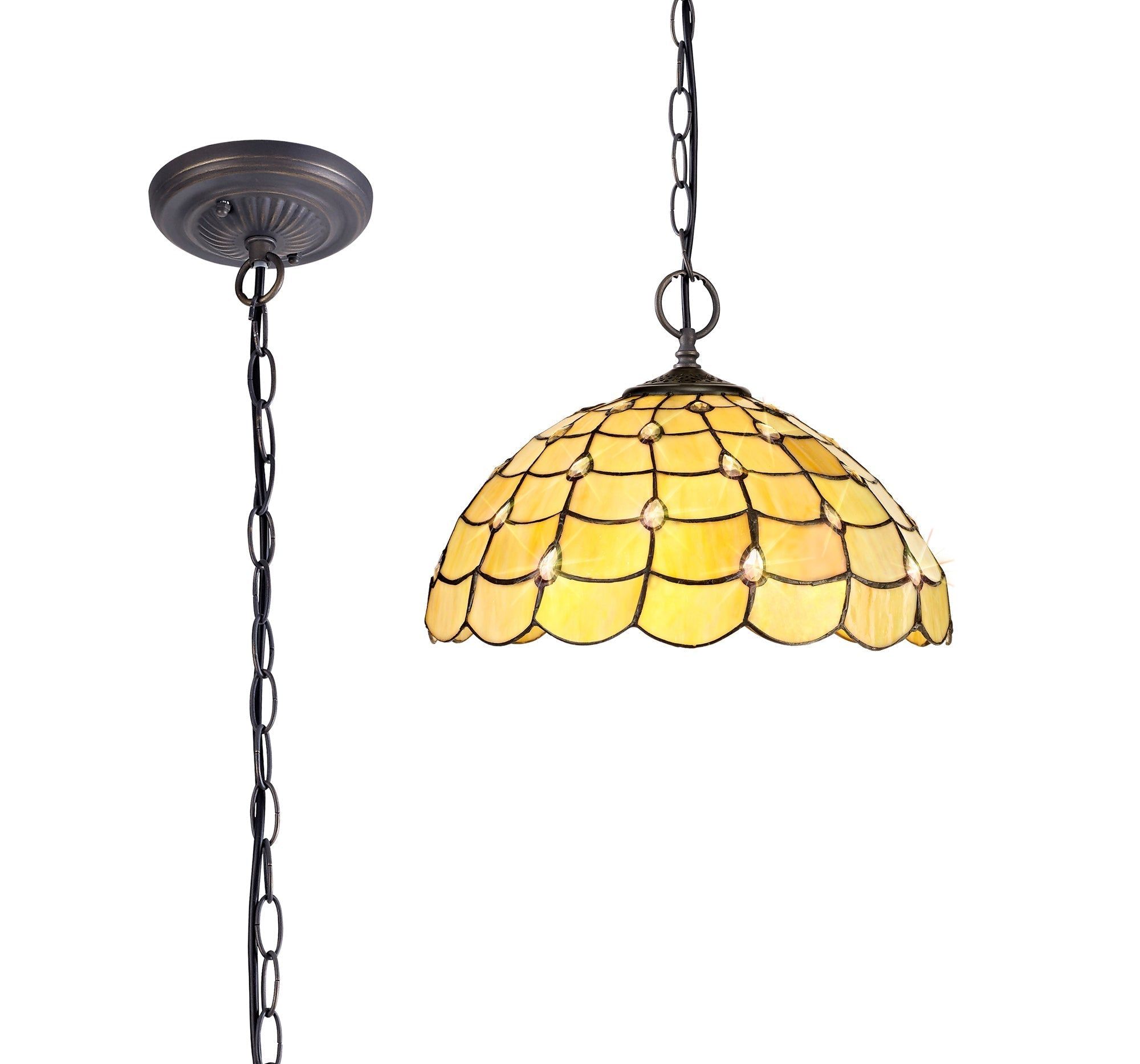 Aero 2 Light Downlighter Pendant with 30cm Tiffany Shade - E27 Socket in Beige/Clear Crystal/Aged Antique Brass Finish | Perfect for Dining Room, Bedroom & Kitchen Lighting