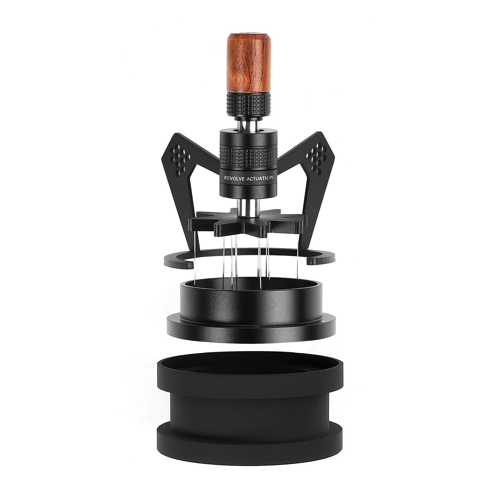 IKAPE Mantis WDT Distribution Tool V3 - 58.5MM 8-Needle Espresso Stirrer with Adjustable Needle Height, Walnut Handle, Dosing Funnel & Stand - Professional Barista Accessory for Perfect Coffee Grounds Distribution - Ideal for Home Espresso Machines & Coffee Shops
