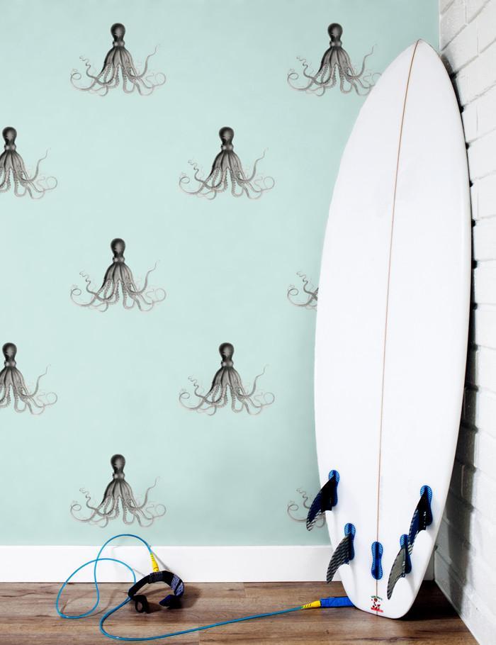 George The Octopus Seafoam Wallpaper by Wallshoppe - Perfect for Coastal, Nautical & Kids Room Decor