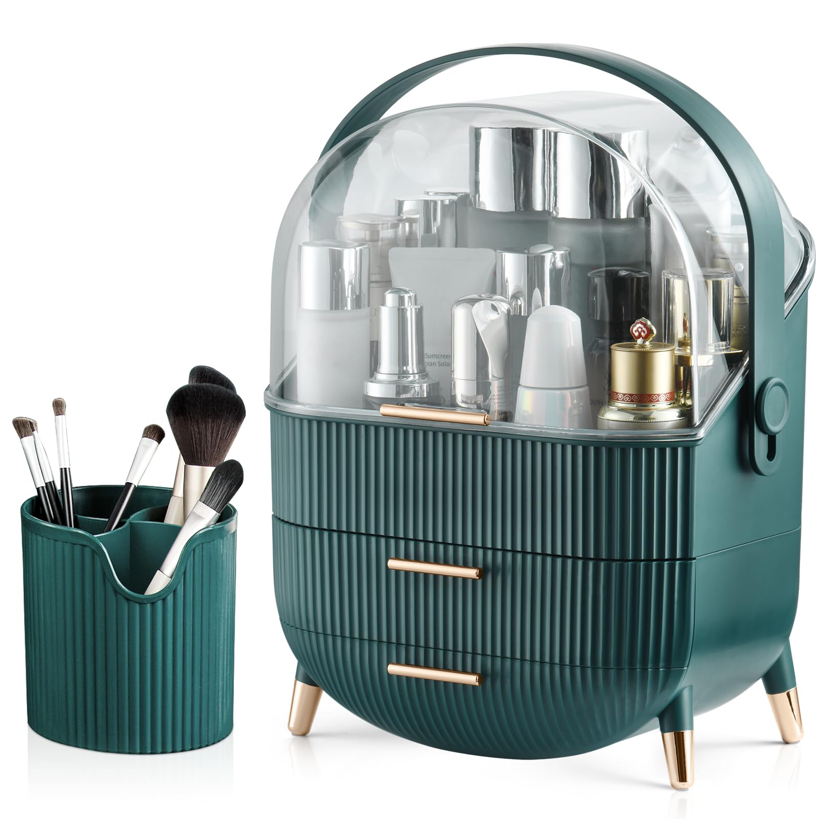 CANITORON Makeup Organizer with 2 Drawers & Brush Storage - Cosmetic Display Case for Vanity & Bathroom Countertop - Green Skincare Organizer for Daily Beauty Routine & Travel Essentials