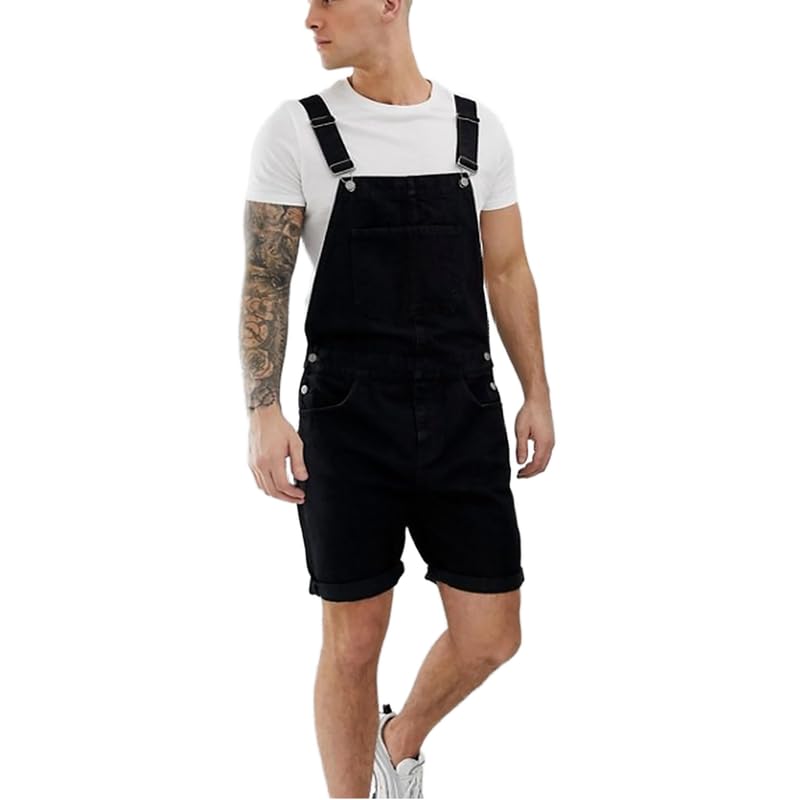 **TOSHIKII Men's Slim Fit Denim Bib Overalls Shorts - Casual Jeans Romper for Men - Perfect for Summer Outings, Streetwear & Workwear**