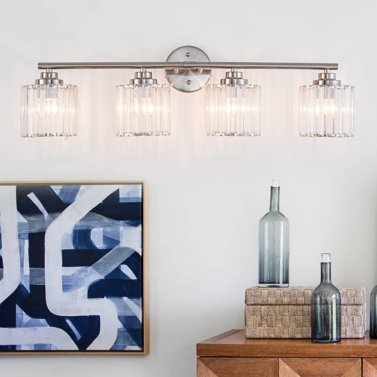 Modern Brushed Nickel Bathroom Vanity Light Fixture 32 Inch 4-Light Crystal Shade Industrial Wall Sconce - Waterproof LED Mirror Lighting for Bathroom, Bedroom Makeup Desk, Living Room, Kitchen & Porch (Hotel Style Decor)