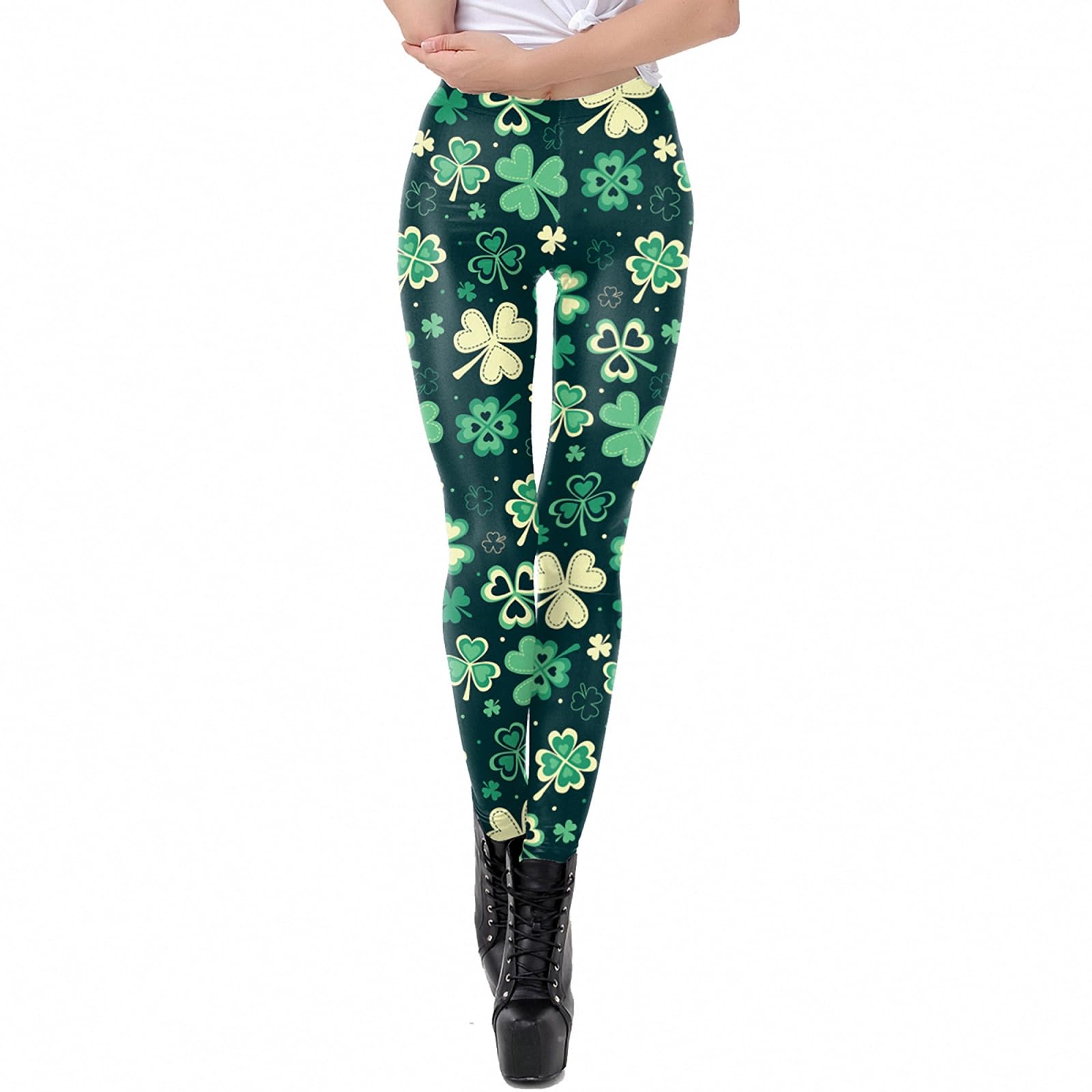 St. Patrick's Day Women's Shamrock Print Yoga Leggings - High Waisted Green Stretch Pants for Irish Party, Workout & Festive Outfits
