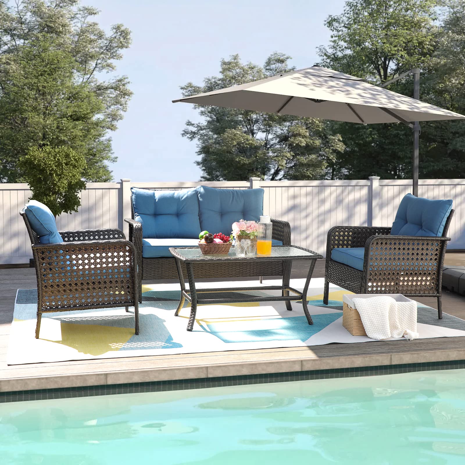 4-Piece Outdoor Wicker Patio Furniture Set with Loveseat, Coffee Table & Chairs - Durable Rattan Conversation Set for Lawn, Deck, Balcony, Backyard (Blue) | Perfect for Relaxing, Entertaining & Outdoor Gatherings