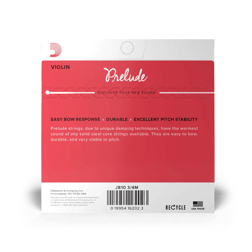 D'Addario Prelude Violin Strings Set - 3/4 Size Medium Tension for Student & Intermediate Players - Perfect for Practice, Performances & Orchestra Use