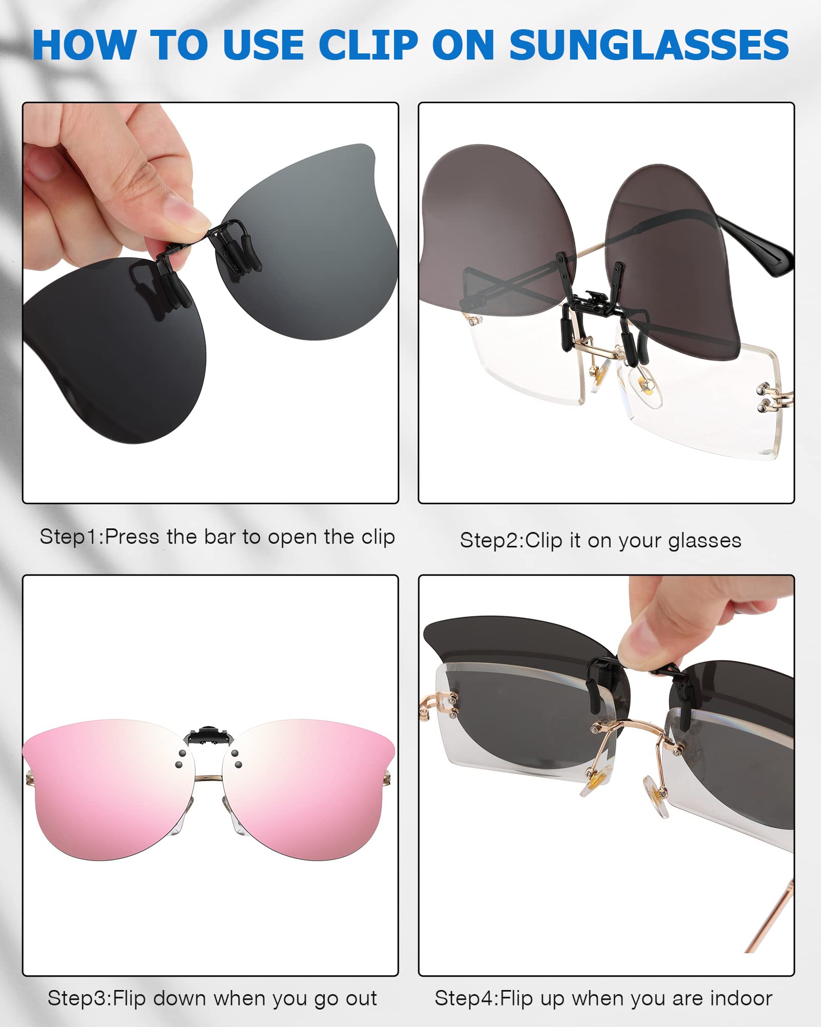 3 Pairs Polarized Clip-On Sunglasses for Women - Cat Eye Flip Up Lens, Lightweight Metal Frame Rimless Clip-On Glasses - Perfect for Driving, Reading & Outdoor Activities
