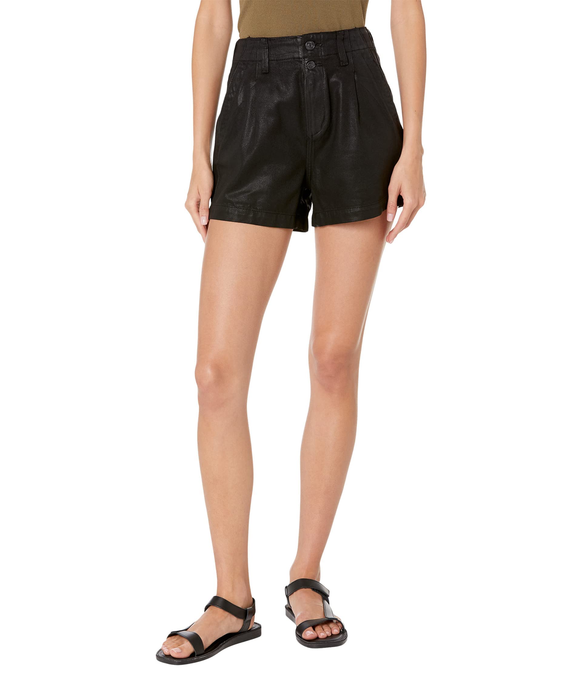 PAIGE Women's Mayslie High-Waisted Shorts with Front Pleats & Exposed Buttons - Midnight Oil Coating for Casual Outings & Summer Style
