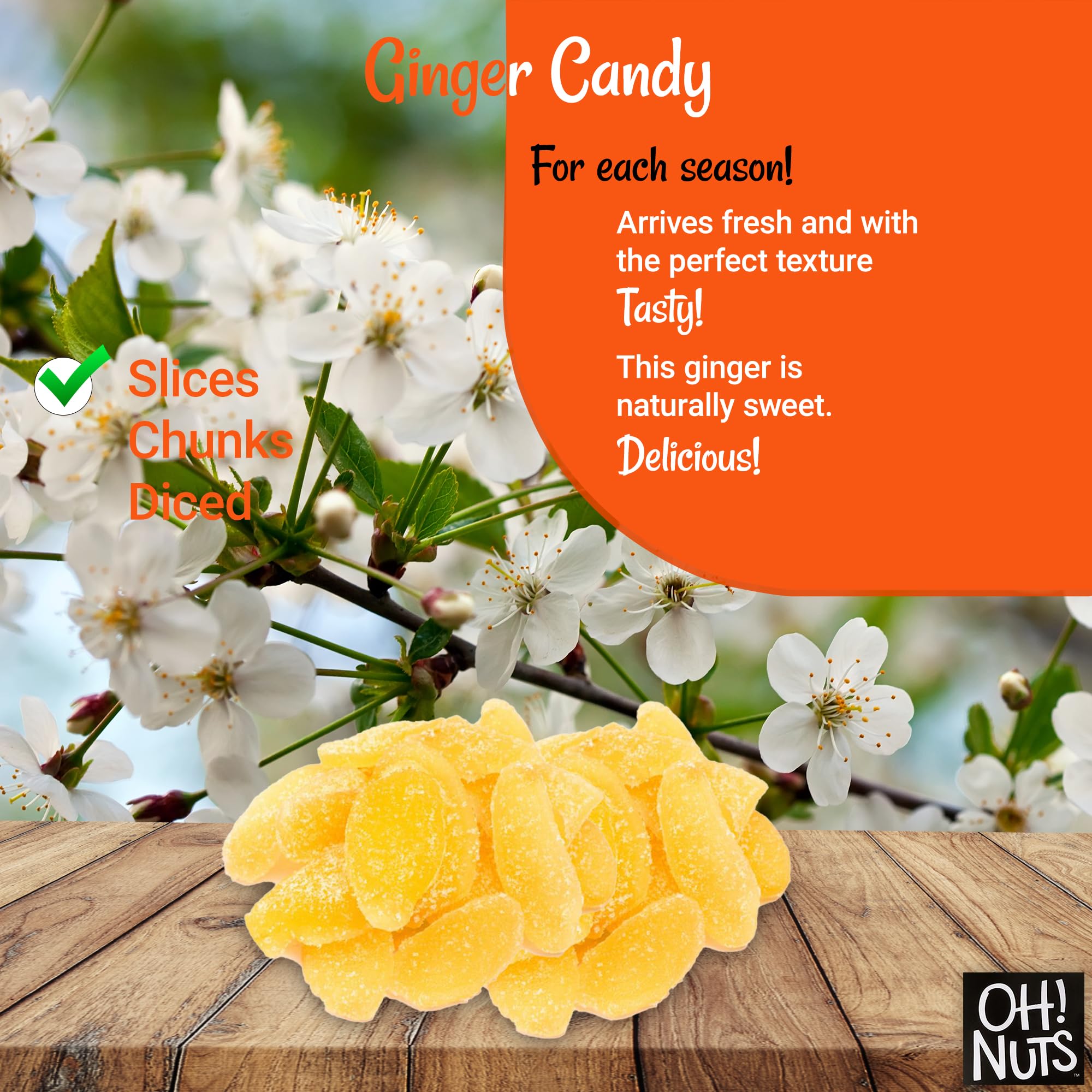 Oh! Nuts Ginger Candy - 2 lb Bag - Dried Ginger Slices with Crystallized Sugar Coating - Dehydrated Fruit Snacks - Packed in Resealable Zip Bag for Freshness - Perfect for Baking, Tea Pairing & Healthy On-the-Go Snacking