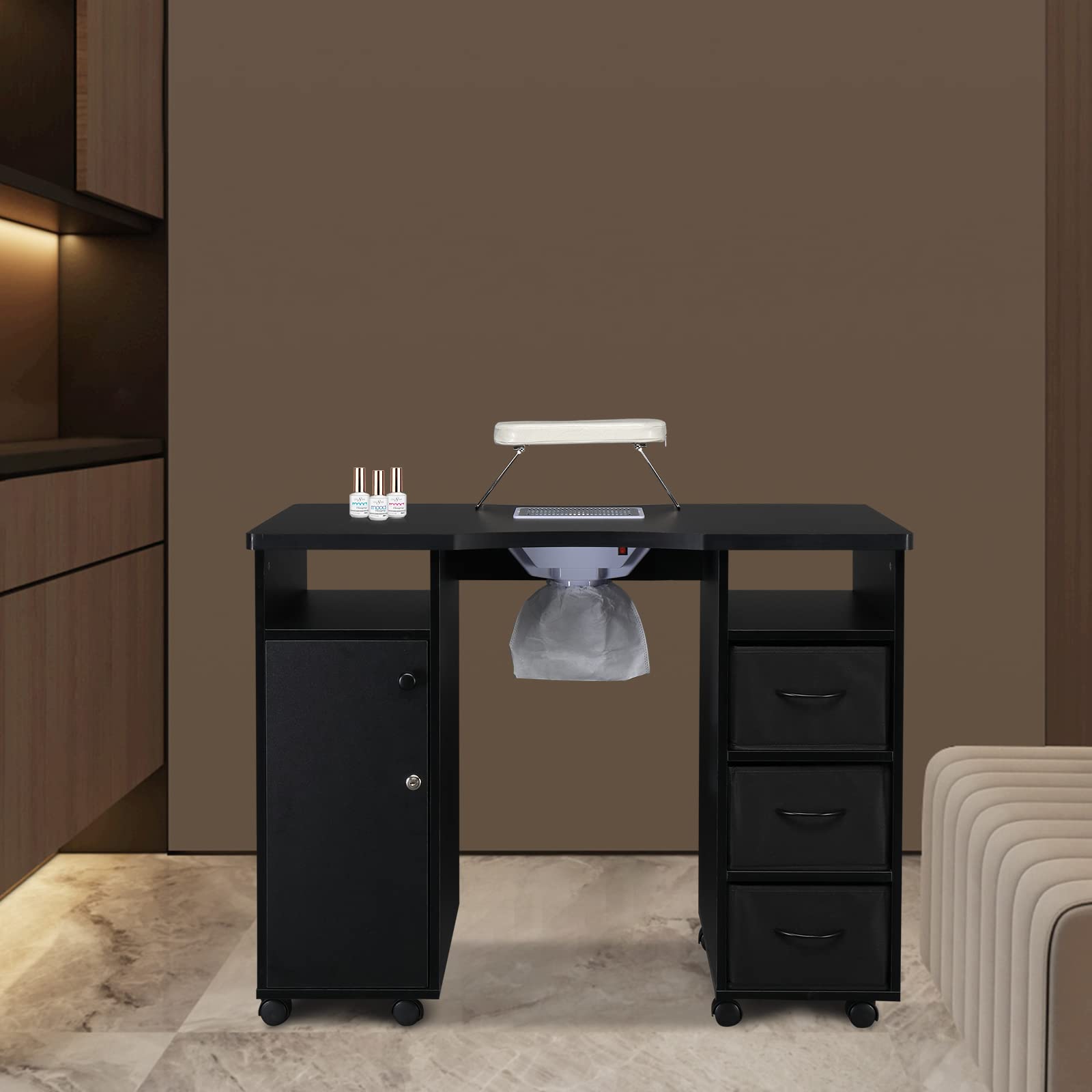 Professional Manicure Table with 4 Drawers & 2 Cabinets - Lockable Wheels Nail Tech Desk for Beauty Salon & Home Use - Perfect for Nail Artists, Spa Professionals & DIY Enthusiasts (Black)