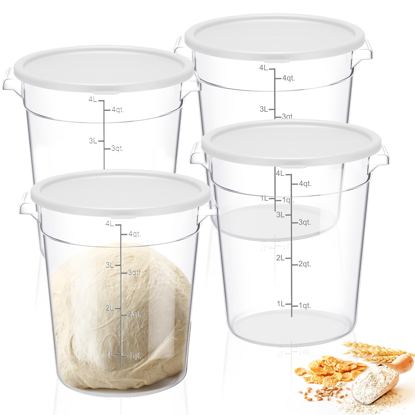 Suclain 4-Piece 4 Qt Clear Food Storage Containers with Lids - Airtight Dough Proofing Buckets for Bread Making, Commercial & Home Kitchen Use - Includes Measurement Scale & Handle - Perfect for Restaurants, Bakeries & Home Baking