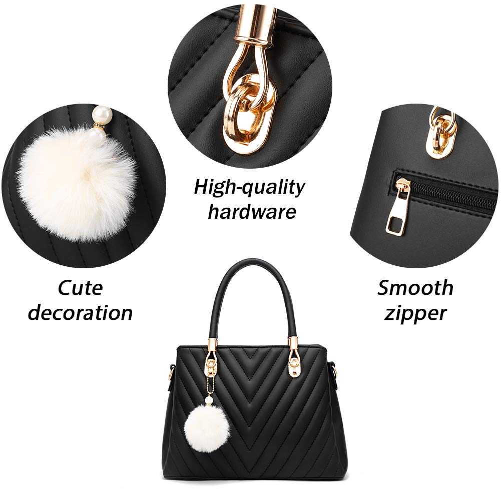 Stylish Women's Leather Handbags - Quilted Top-Handle Tote & Shoulder Satchel with Pompom | Perfect for Work, Travel & Everyday Use