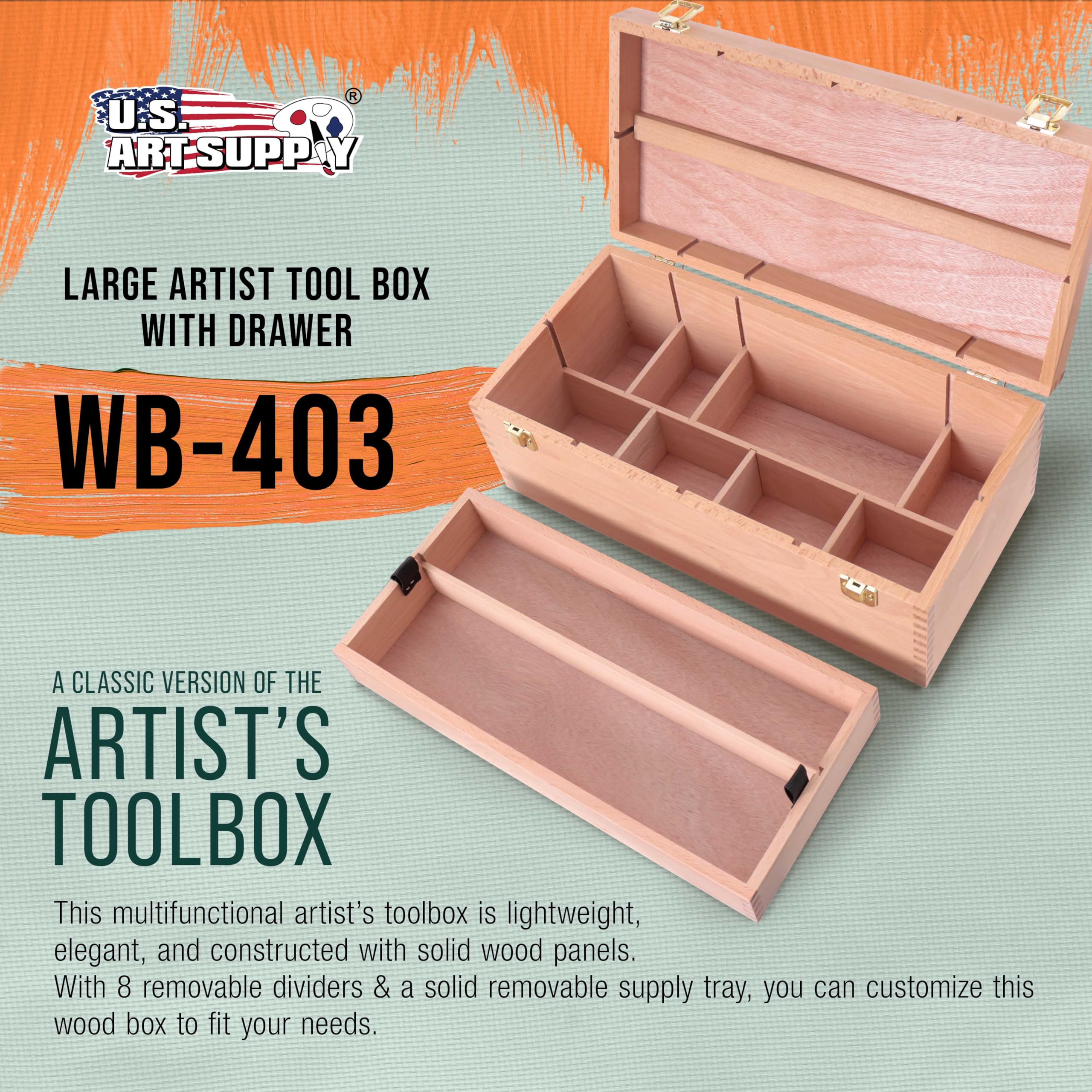 U.S. Art Supply Multi-Function Unfinished Beechwood Artist Tool Storage Box with Removable Tray & Locking Clasps - Organize and Protect Paints, Brushes, Pencils, Art Supplies - Perfect for Studio, Classroom, and Outdoor Painting