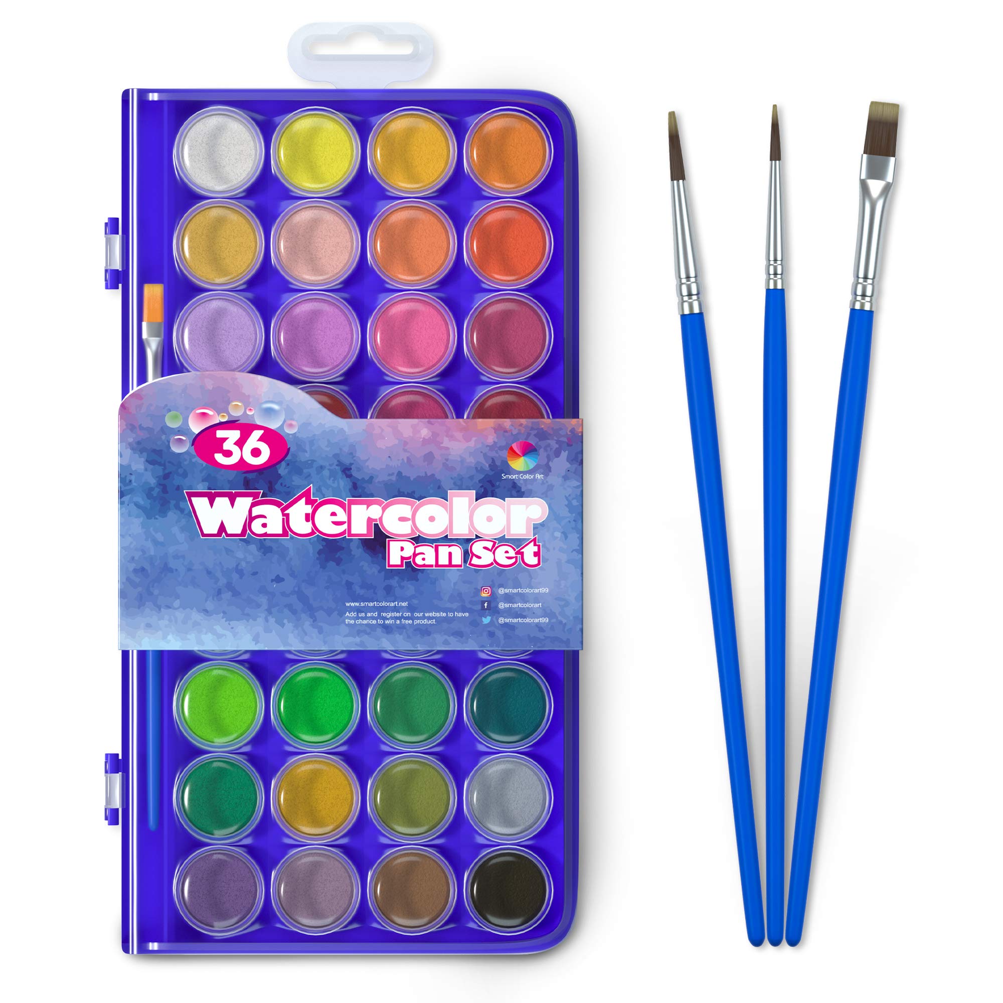 36 Pack Watercolor Pan Set with 4 Brushes - Non-Toxic Smart Color Art Paint for Kids & Adults - Vibrant, Easy to Blend Colors - Ideal for School Projects, DIY Crafts, Painting Classes & Home Art Activities