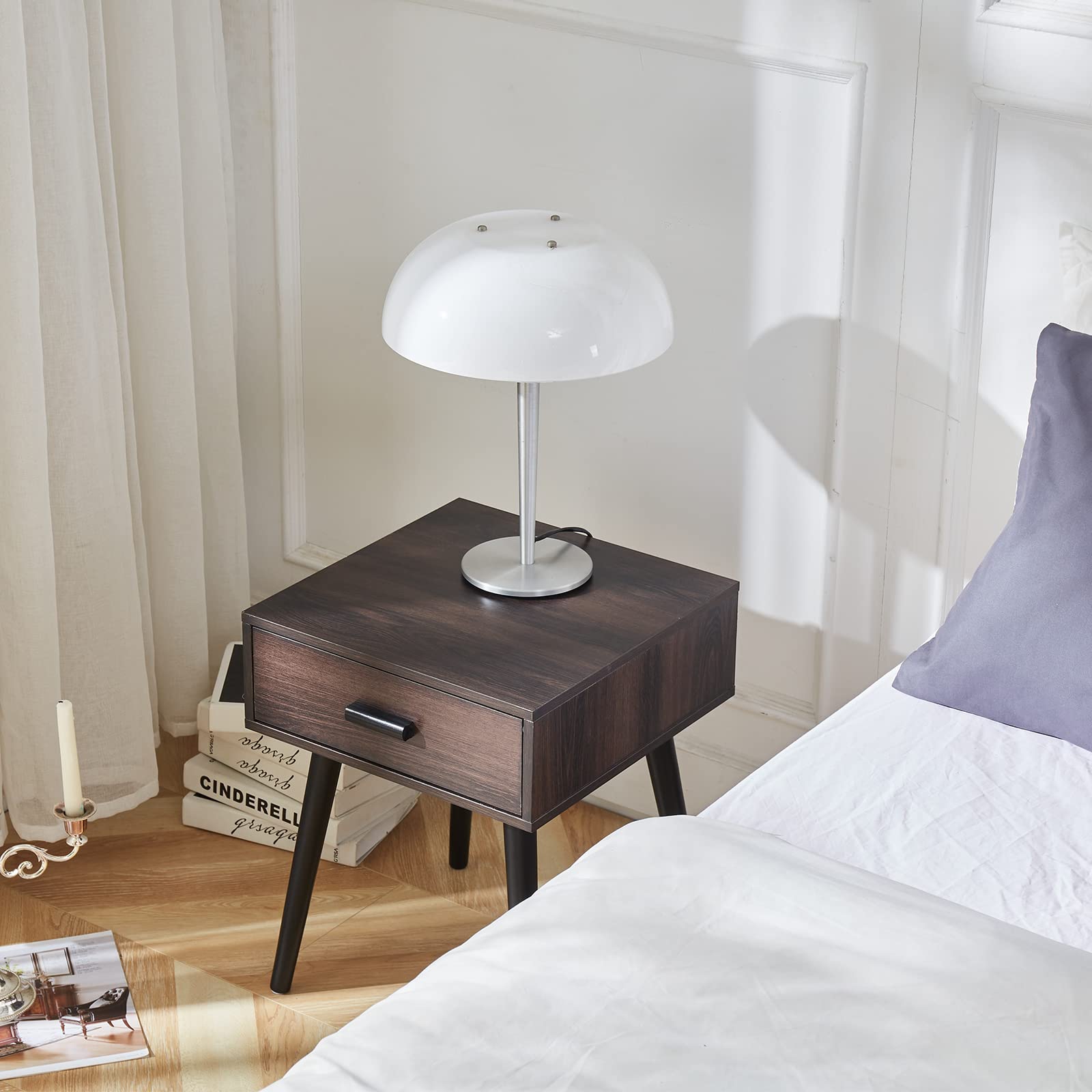 Industrial Nightstand with 1 Drawer - Dark Brown Wooden End Table for Bedroom, Small Space - Sturdy Wood Legs & Espresso Finish (LJET002A) - Perfect for Apartments, Dorms & Cozy Bedrooms