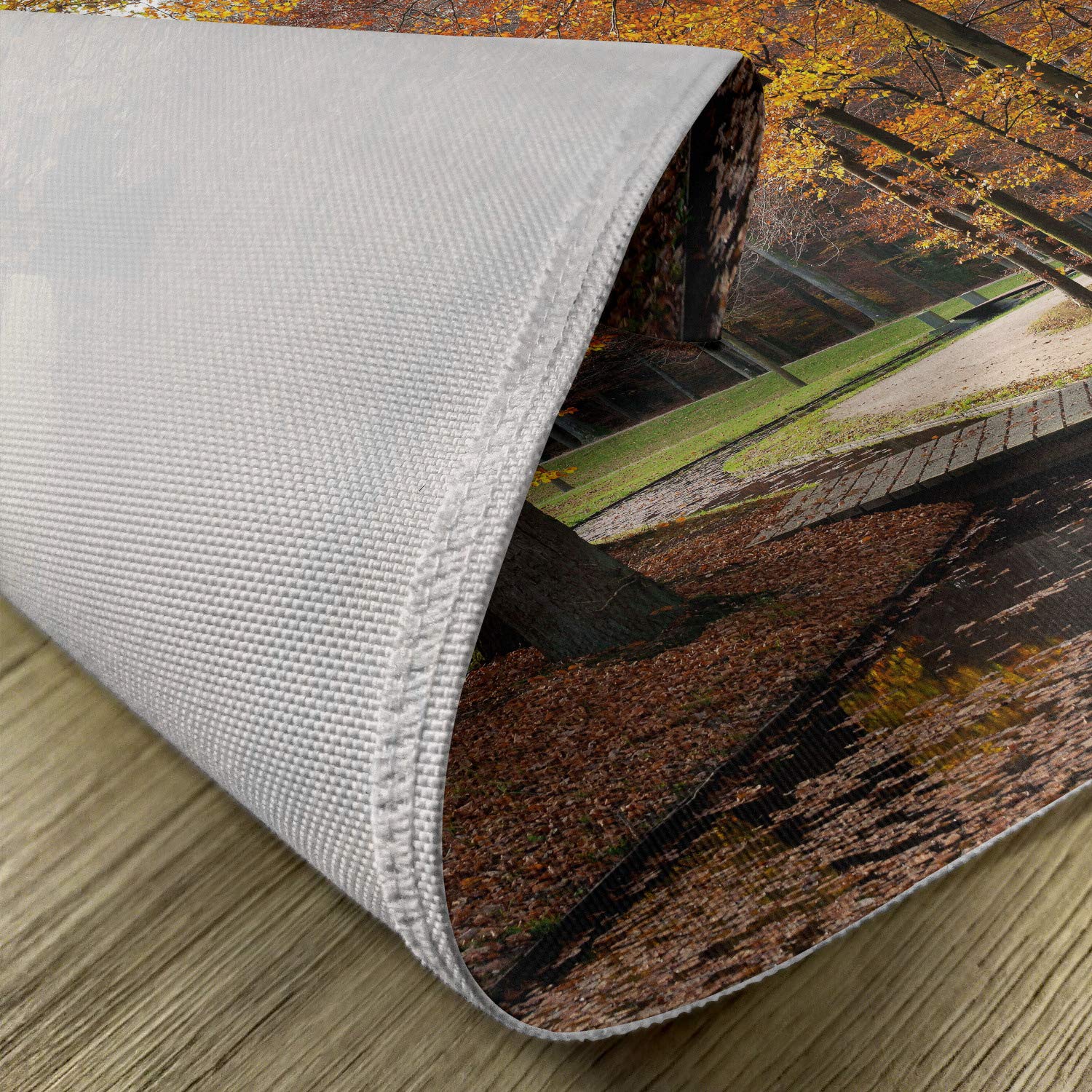 Ambesonne Autumn Placemats Set of 4 - Waterproof Fabric Table Mats with Rainy Forest Path Photographic Design, Washable for Dining Room & Kitchen Decor in Marigold Amber & Seal Brown | Perfect for Fall Dinner Parties, Thanksgiving Table Settings & Cozy Home Decor