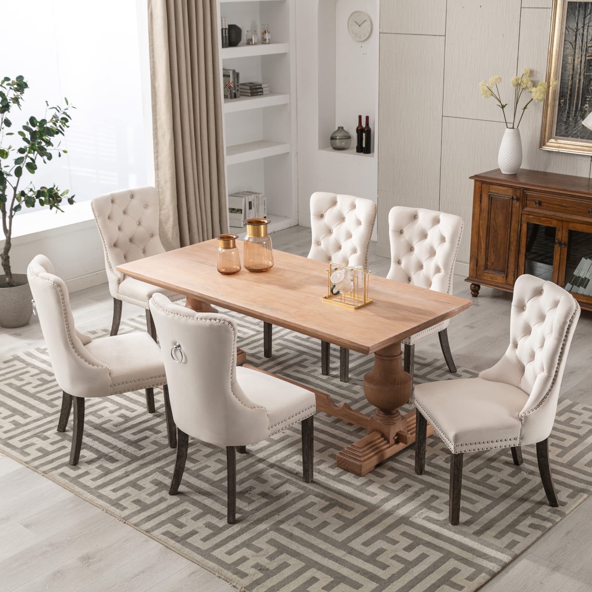 KCC Velvet Dining Chairs Set of 4 - Upholstered Tufted High Back Dining Chairs with Nailhead Trim & Solid Wood Legs, Modern Kitchen Dining Room Chairs for Home, Restaurant, Cafe - Beige Velvet Nikki Collection