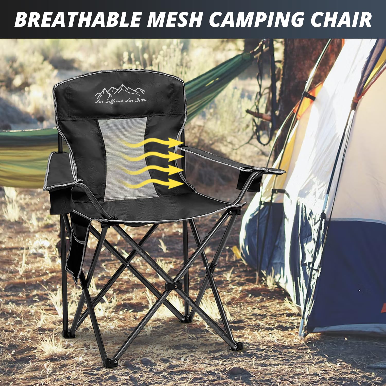 2PCS Heavy Duty Mesh Folding Camping Chairs - Oversized Portable Outdoor Chairs with 325 lbs Weight Capacity, Cup Holder & Storage Pocket - Includes Carry Bag (Black) - Perfect for Backyard, Beach, Picnic, Hiking and Camping Trips