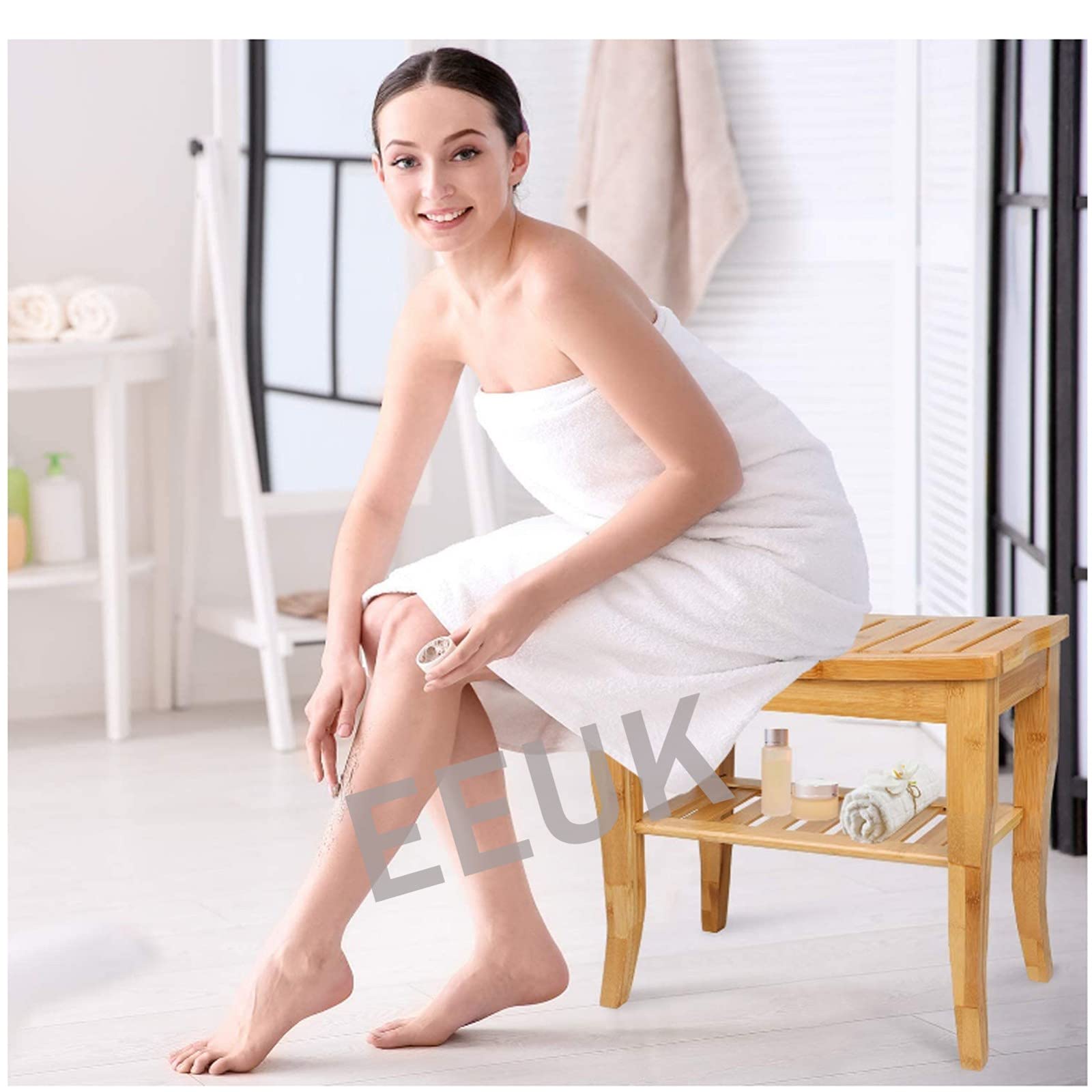 Premium Bamboo Shower Bench Seat - Wooden Spa Bath Stool with Non-Slip Feet & Storage Shelf | Shaving Stool, Bathroom Organizer for Towels & Shampoo | Perfect for Relaxing Spa Days & Small Space Bathrooms