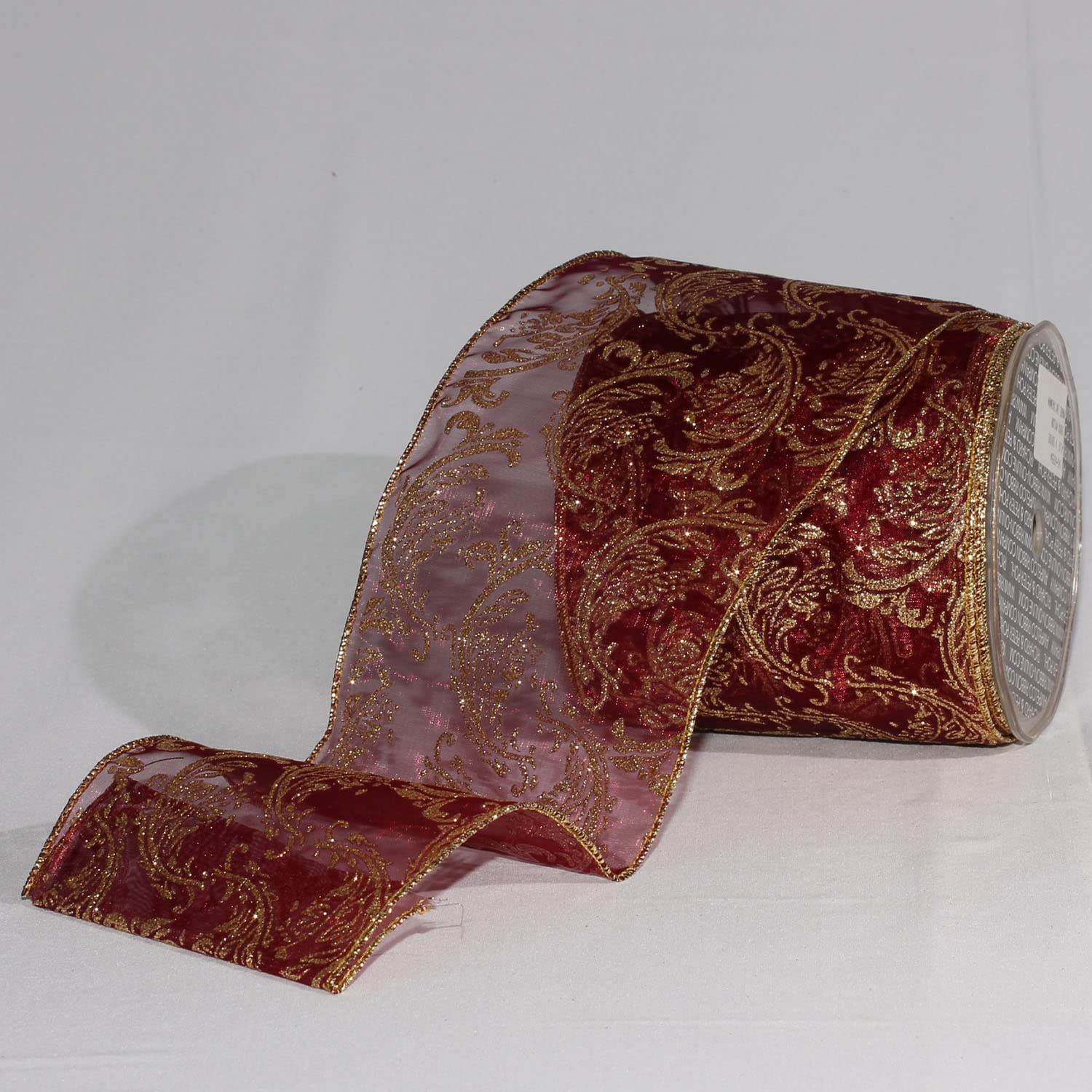 Shimmering Burgundy Sheer Wired Craft Ribbon with Ornamental Print - 4 Inch x 20 Yards for Gift Wrapping, DIY Decorations, Wedding Bouquets & Scrapbooking