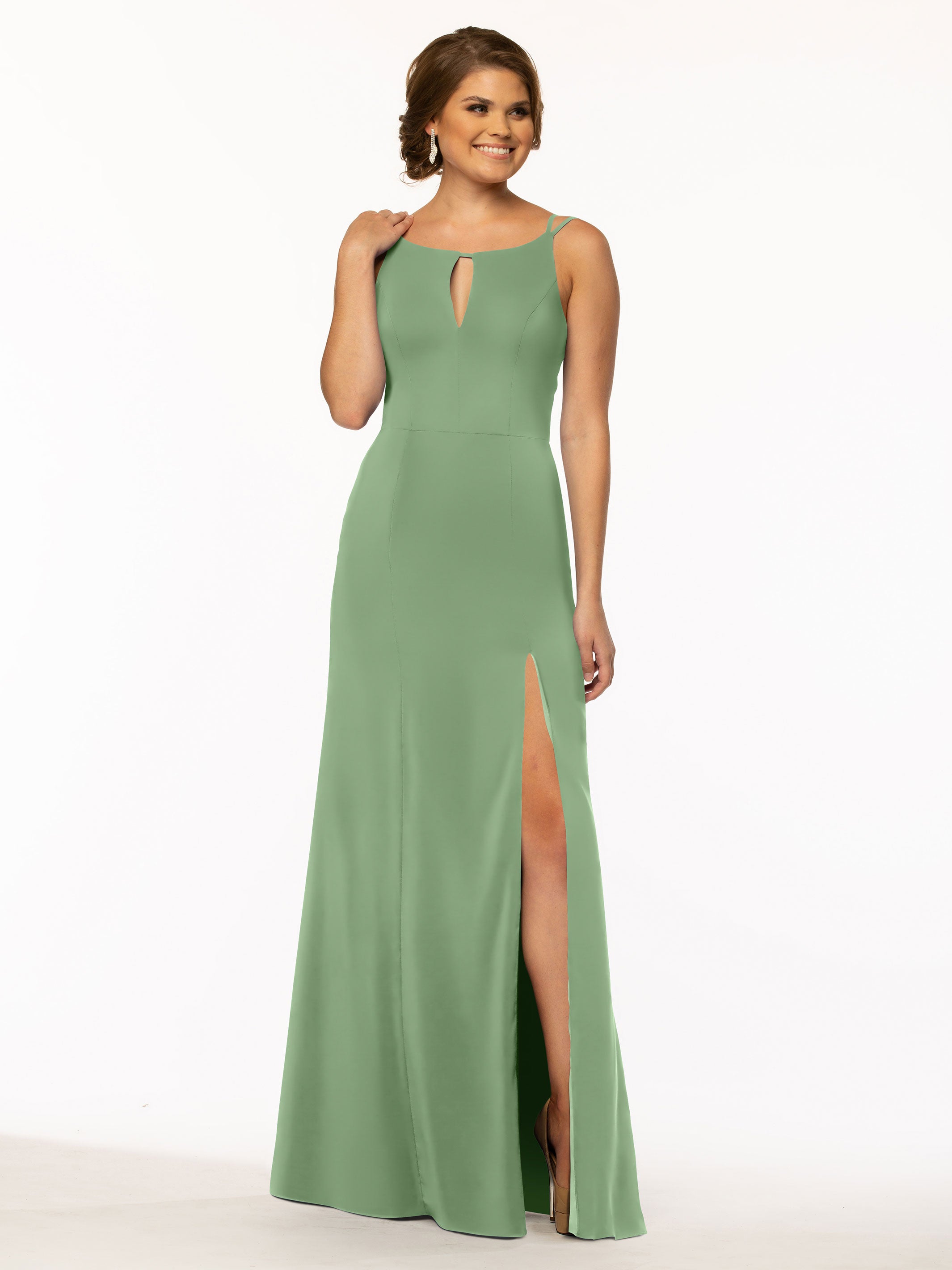 Elegant 83030 Sheath Stretch Chiffon Bridesmaid Dress with Bateau Neckline & Thigh Slit - Perfect for Weddings, Formal Events & Evening Parties