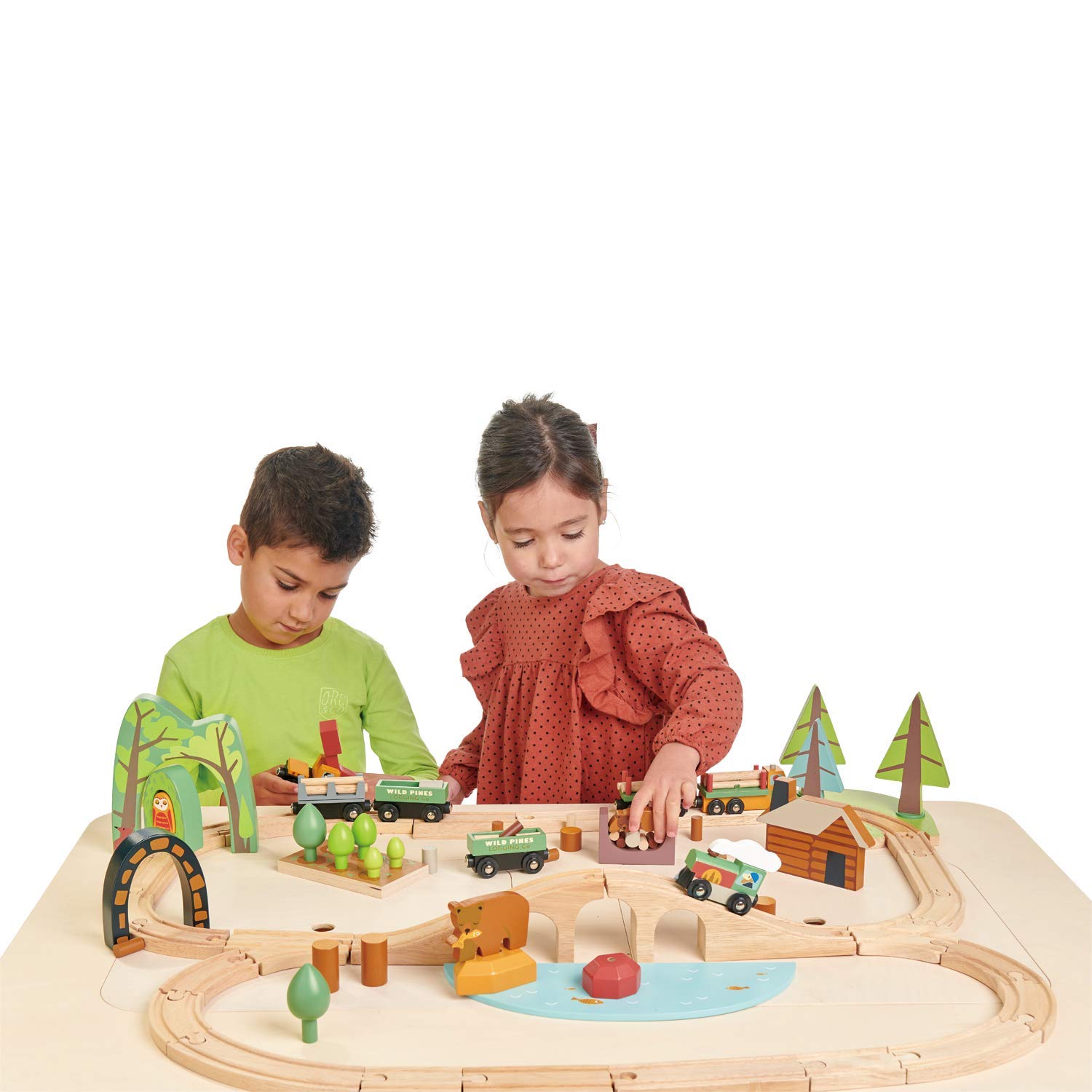 Tender Leaf Toys Wild Pines Train Set - 95 Piece Wooden Train & Bridge Playset for Kids Ages 3+ | Compatible with Most Toy Train Brands | Perfect for Imaginative Play, Preschool Learning & Family Game Nights