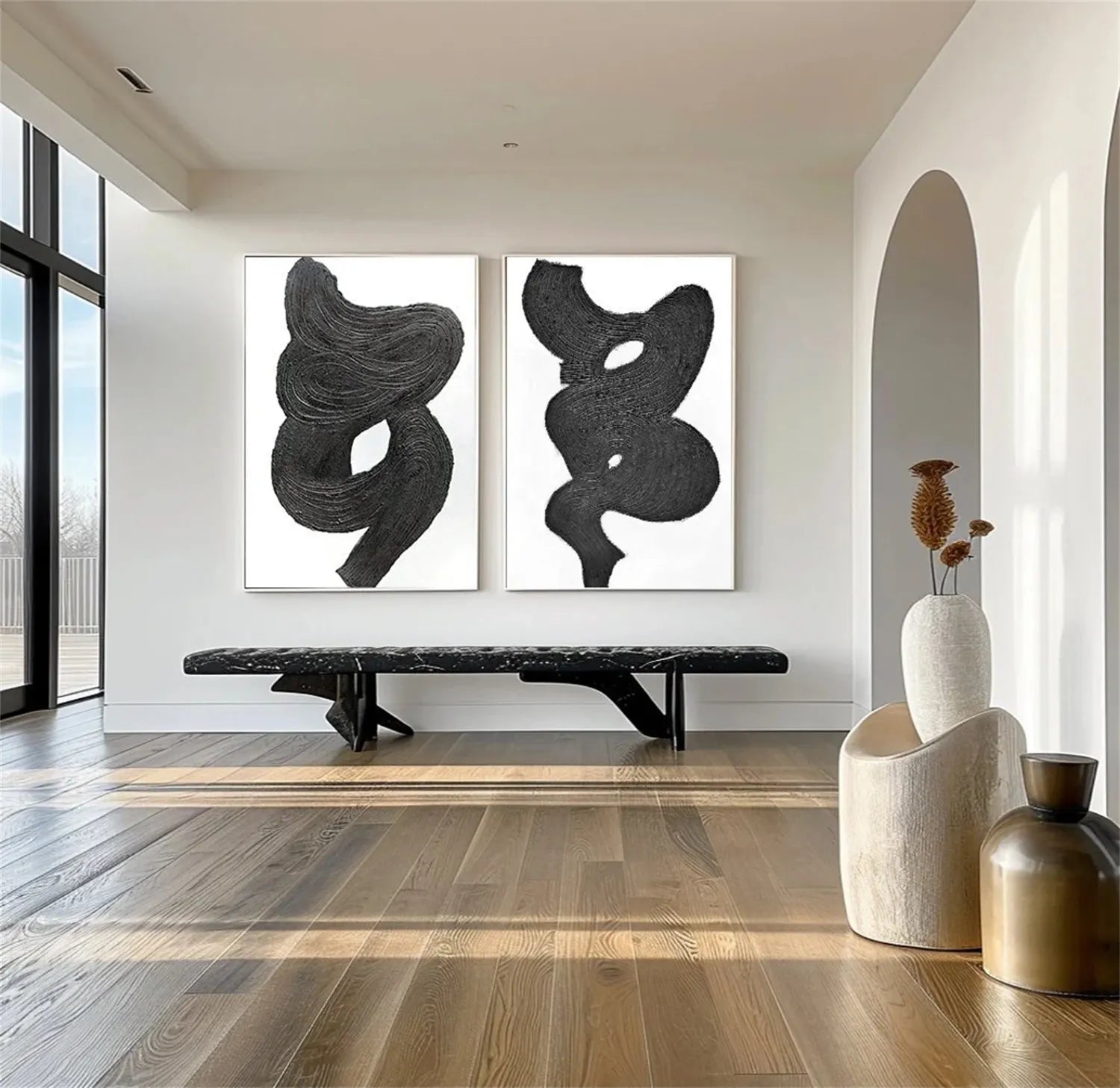 Black and White Textured Minimalist Wall Art Set of 2 - Modern Abstract Canvas Paintings for Living Room, Bedroom & Office Decor #MZ114